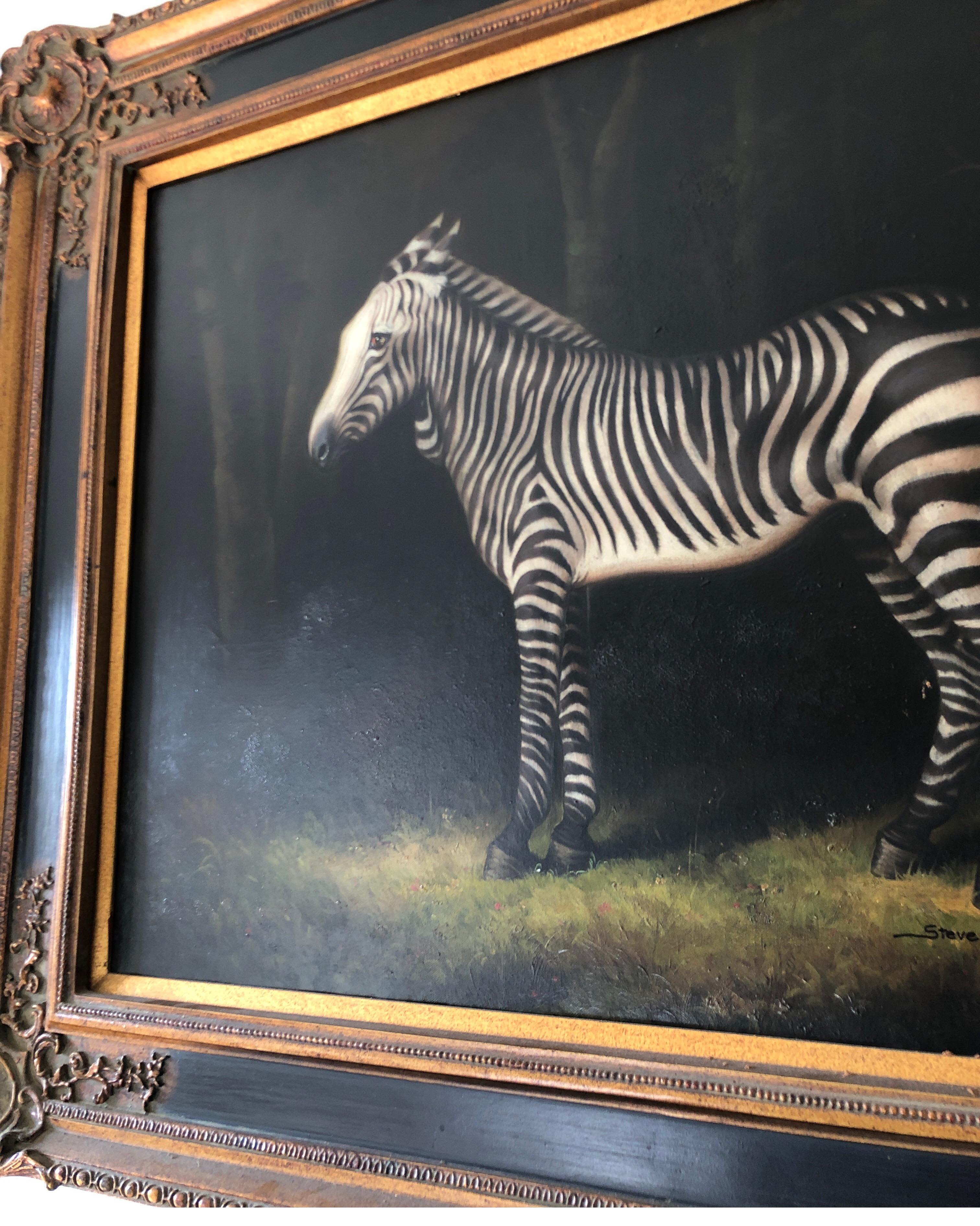British Colonial Gilt Framed Zebra Oil Painting 'After George Stubbs' Signed Steve Rogers