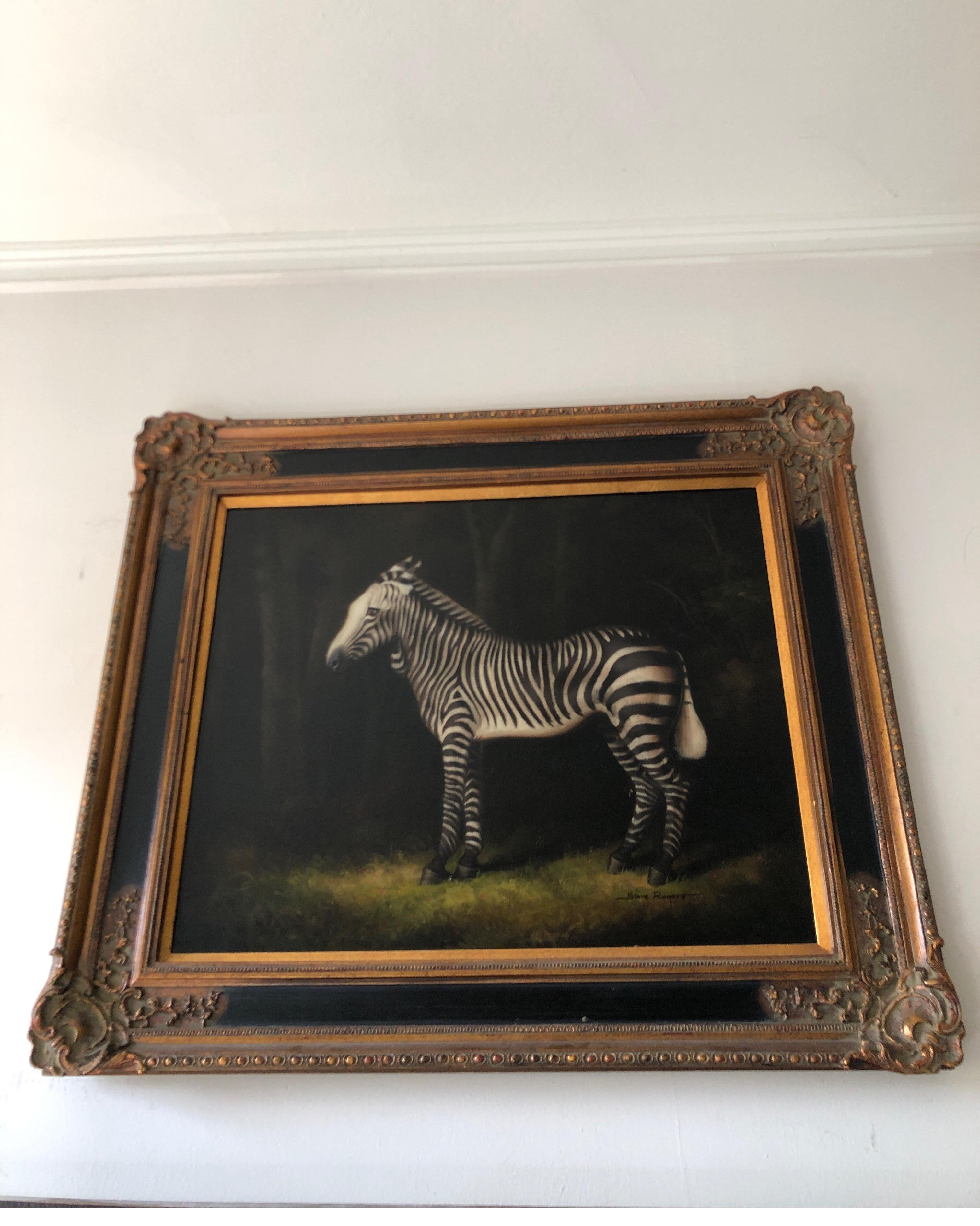 Gilt Framed Zebra Oil Painting 'After George Stubbs' Signed Steve Rogers In Good Condition In Los Angeles, CA