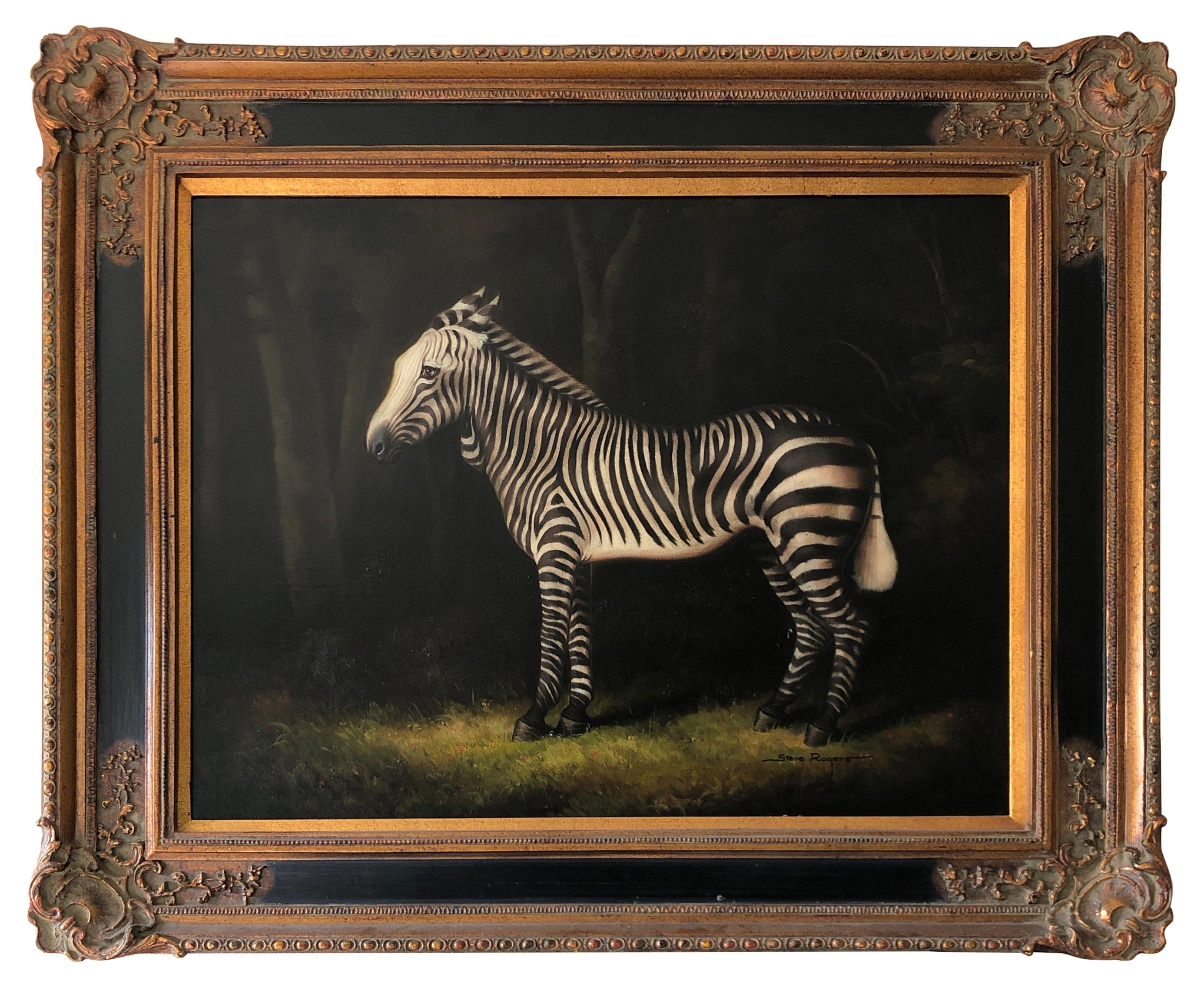 Gilt Framed Zebra Oil Painting 'After George Stubbs' Signed Steve Rogers