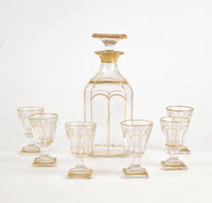 Gilt French 19-th century glass liquor carafe with 6 glasses Napoleon III