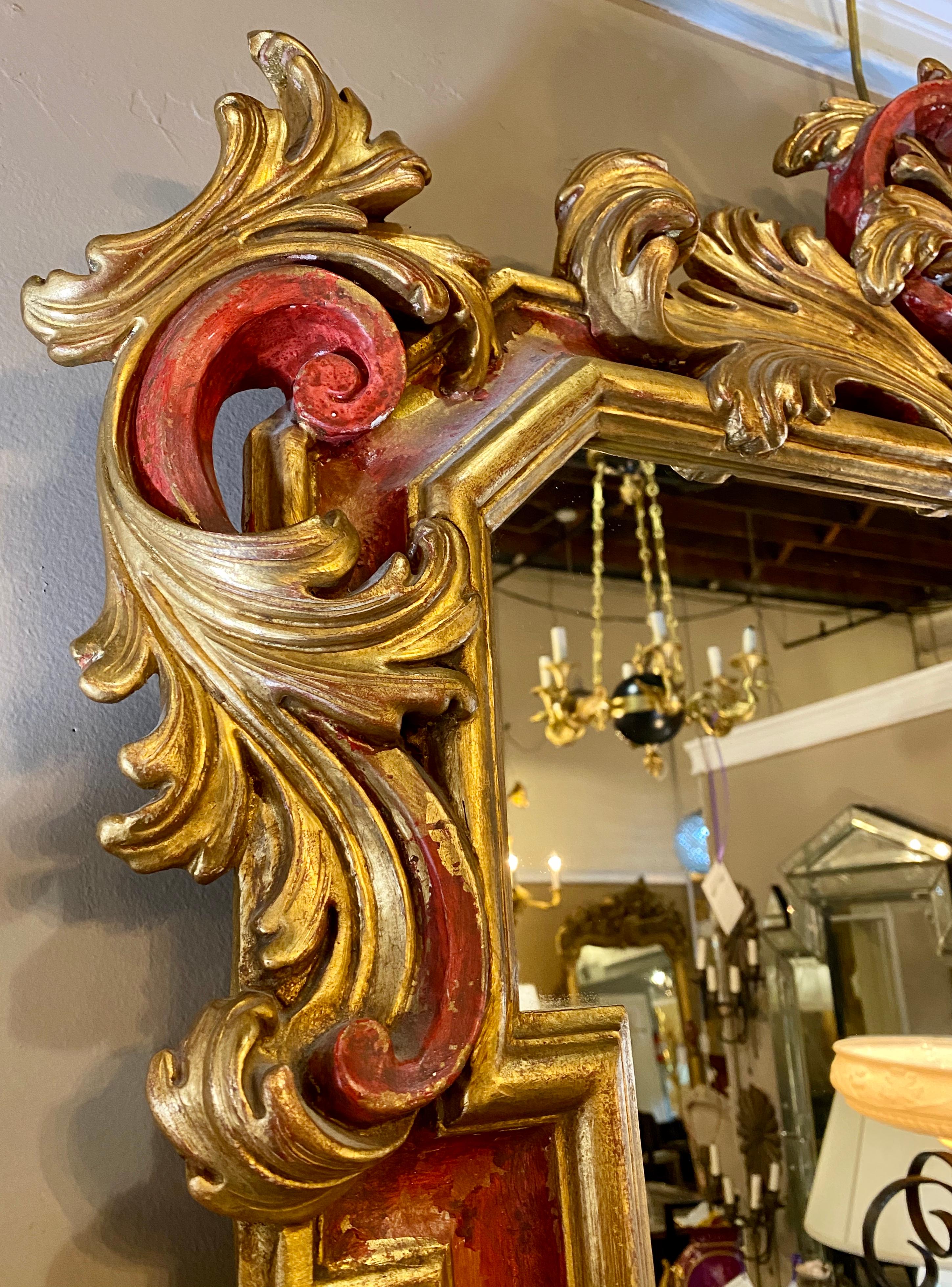 Gilt Gold and Paint Decorated Hollywood Regency Style Mirror Floral Leaf border In Good Condition In Stamford, CT