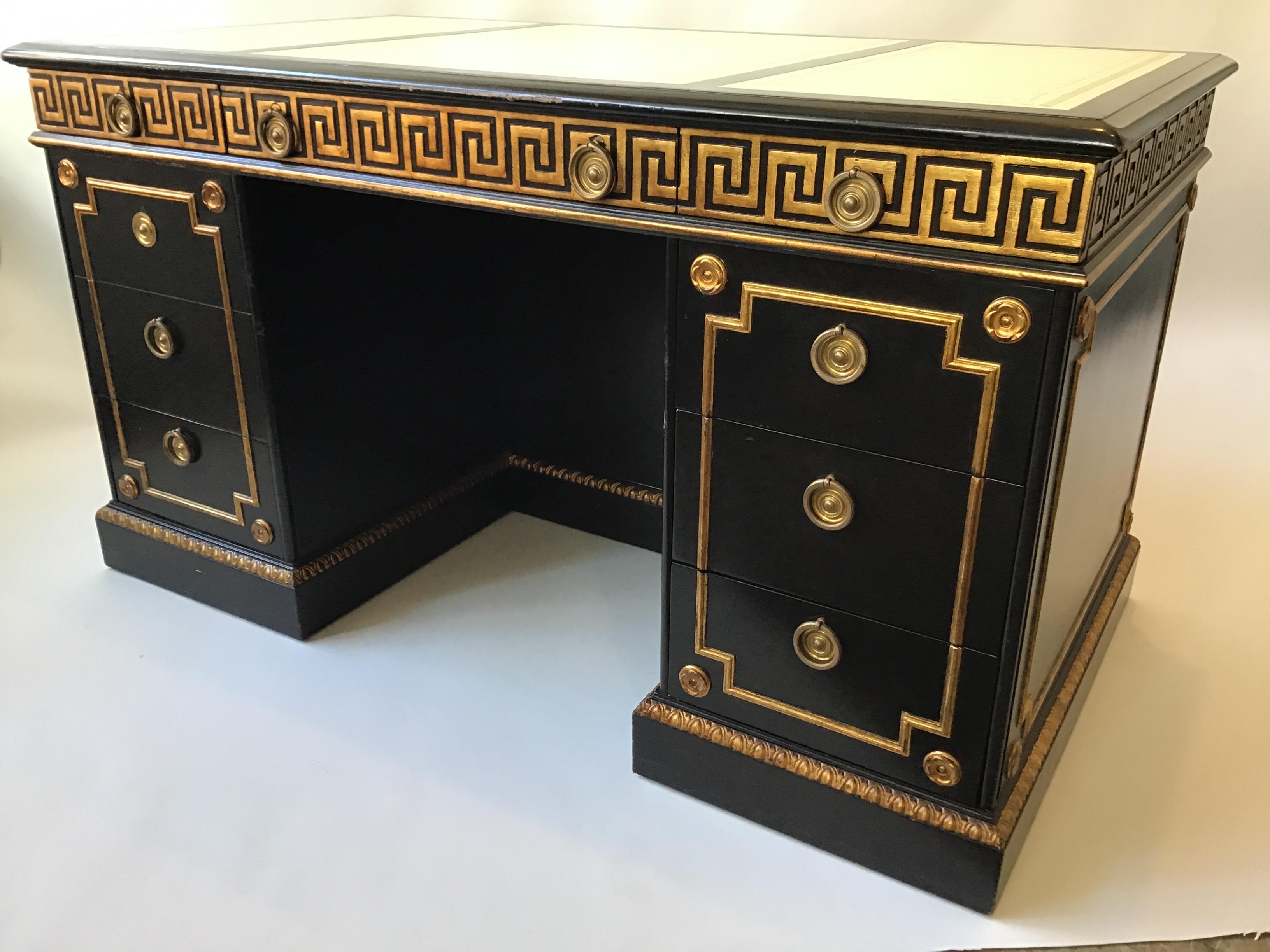 Gilt Greek Key Desk with Leather Top In Good Condition In Tarrytown, NY