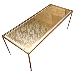 Gilt Hammered Bronze Cocktail Table Hollywood Regency Engraved Mirror Glass Top