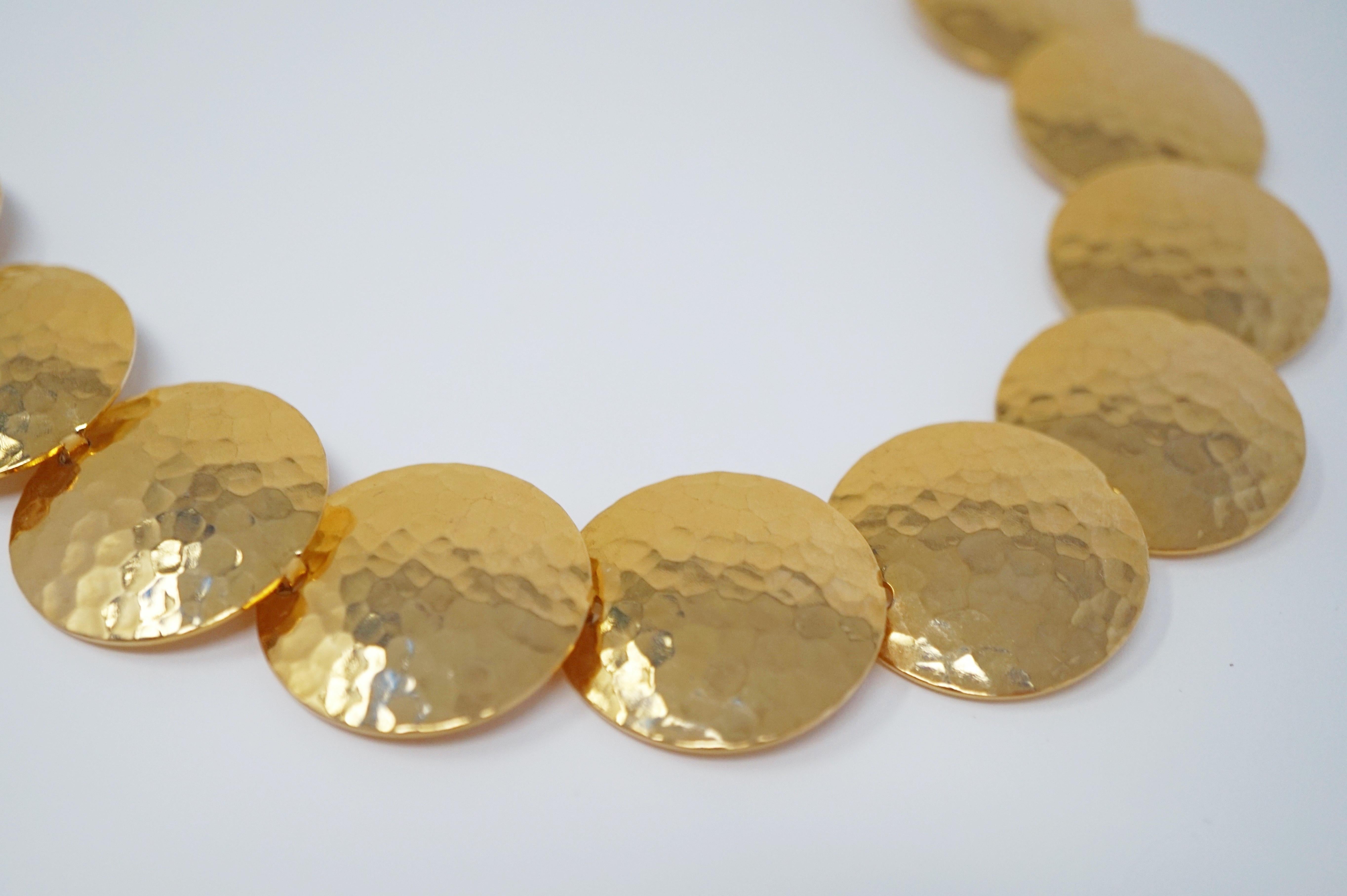Modern Gilt Hammered Disc Statement Necklace by Napier, Signed, circa 1980