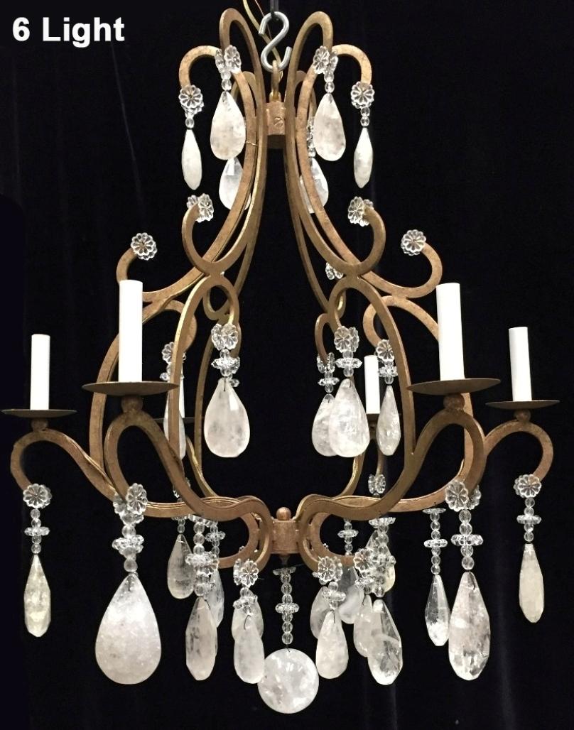 Gilt hand forged iron Rock Crystal 6 Light Chandelier  For Sale 3