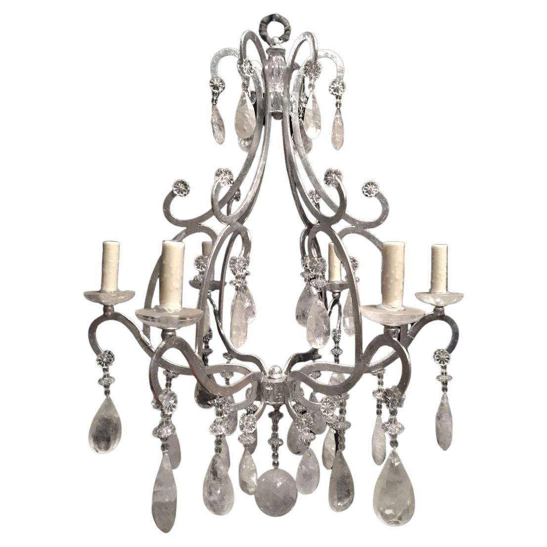 Beautiful hand forged wrought iron and Rock Crystal 6 Light Chandelier with Rock Crystal Bobesches.
Wired for American and European Market.
Comes with 3 foot chain and canopy