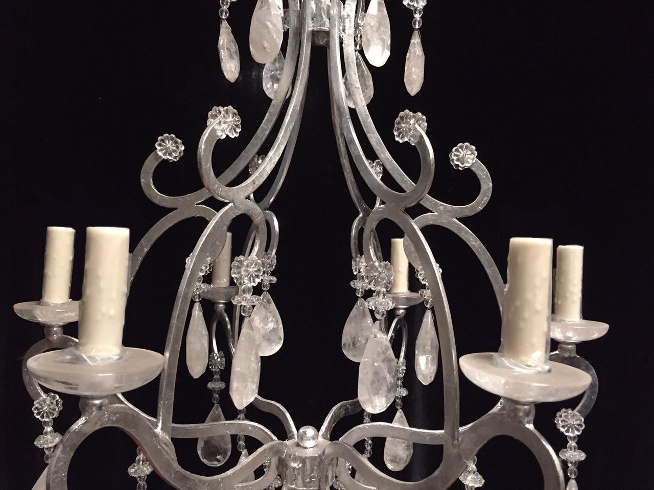 Gilt hand forged iron Rock Crystal 6 Light Chandelier  In Excellent Condition For Sale In Cypress, CA