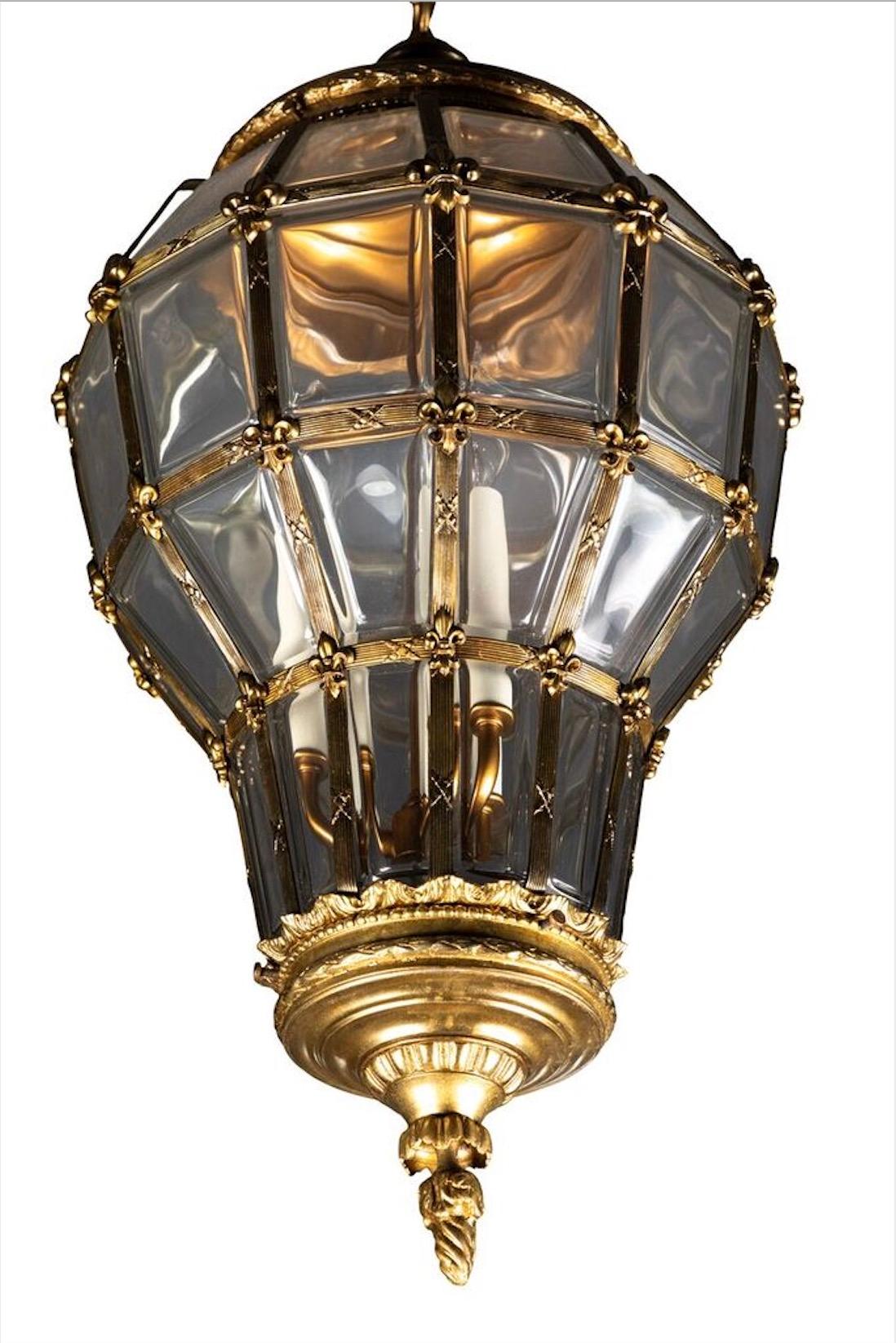 Glass Gilt Hanging Lantern with Ceiling Escutcheon For Sale