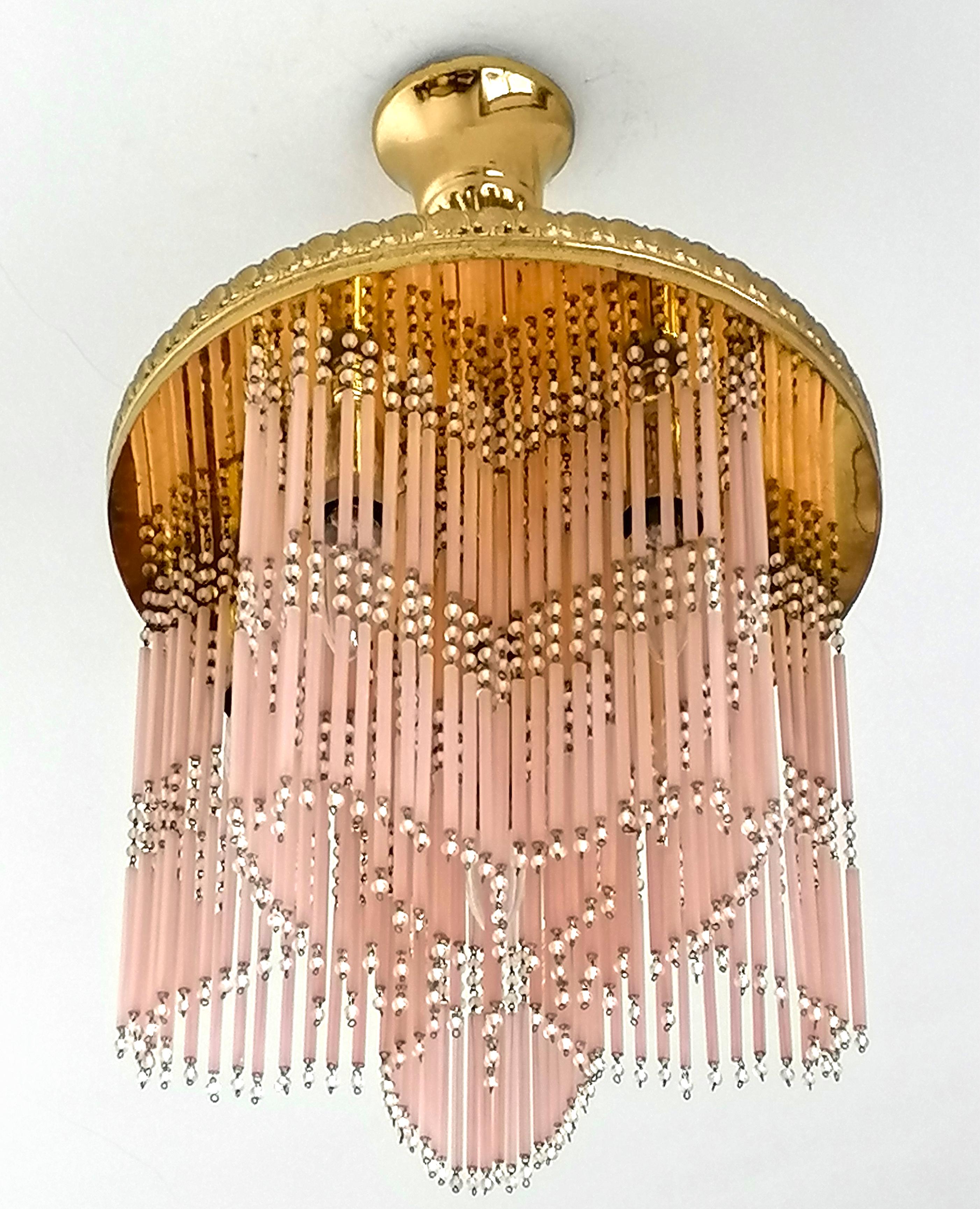 Gilt Hollywood Regency Star-shaped Chandelier Straw Fringes in Pink Murano Glass For Sale 5