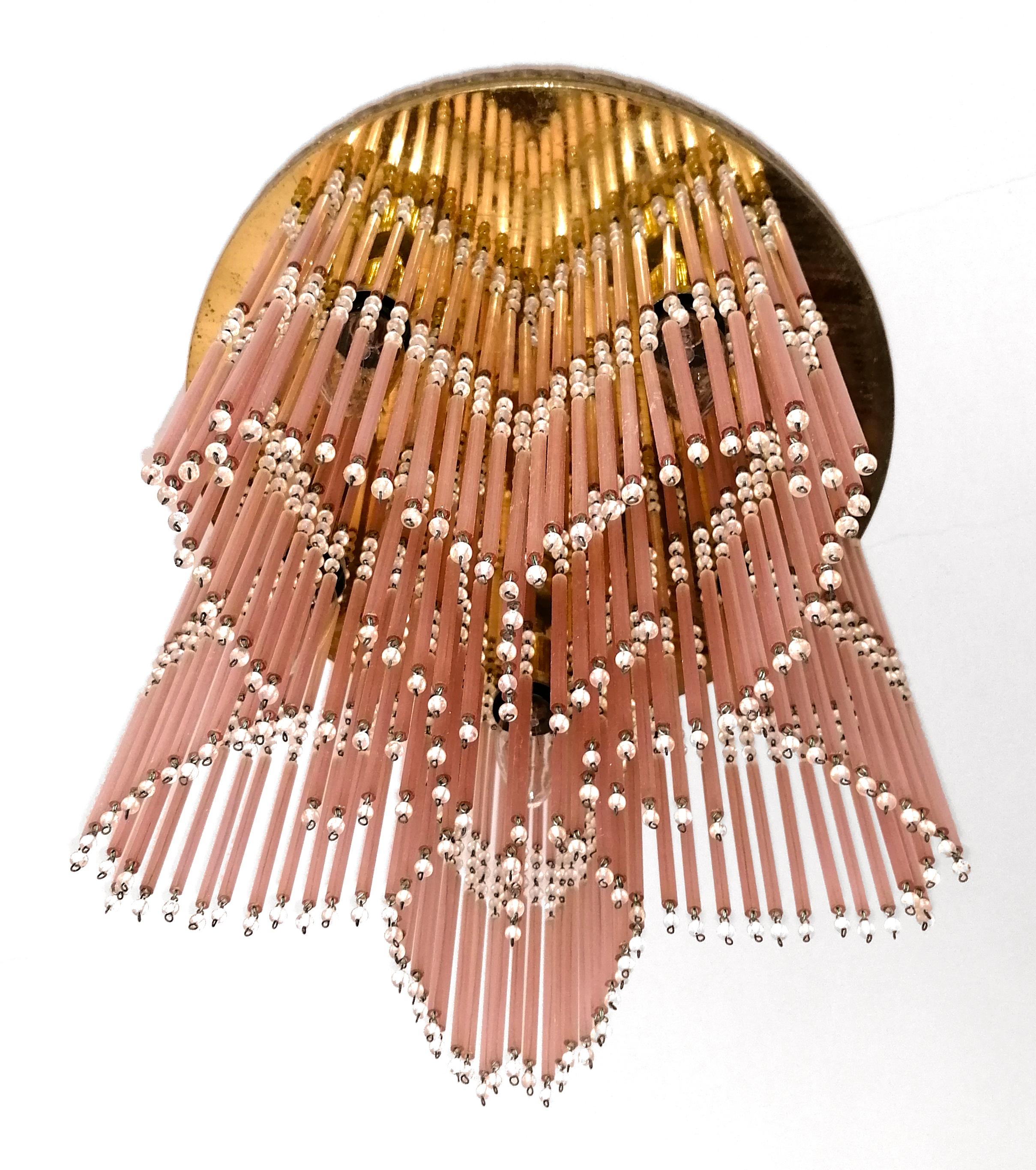 Gilt Hollywood Regency Star-shaped Chandelier Straw Fringes in Pink Murano Glass For Sale 6