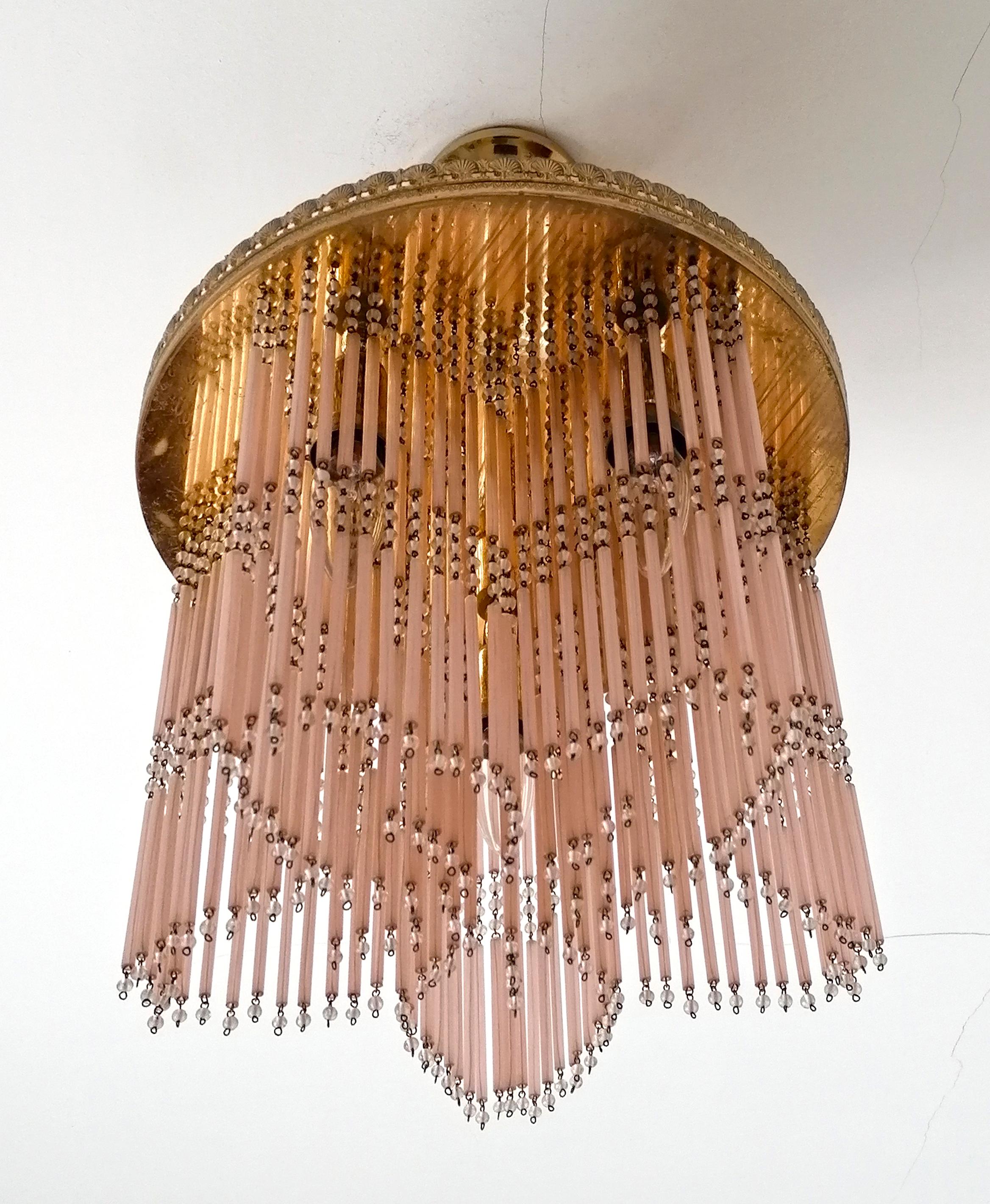 Gilt Hollywood Regency Star-shaped Chandelier Straw Fringes in Pink Murano Glass For Sale 8