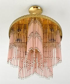 Gilt Hollywood Regency Star-shaped Chandelier, Straw Fringe in Pink Murano Glass