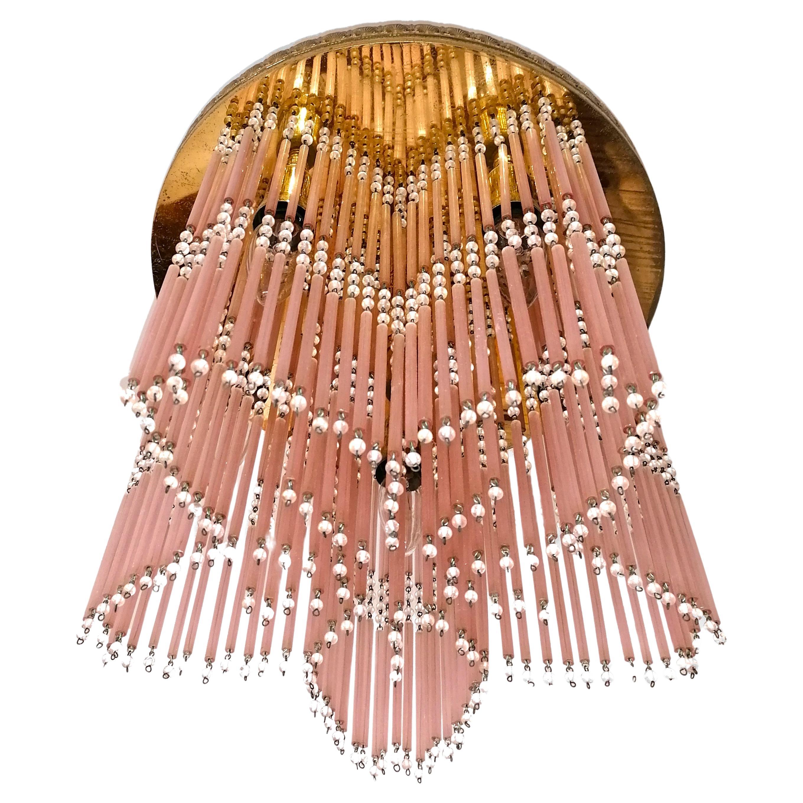 Gilt Hollywood Regency Star-shaped Chandelier Straw Fringes in Pink Murano Glass