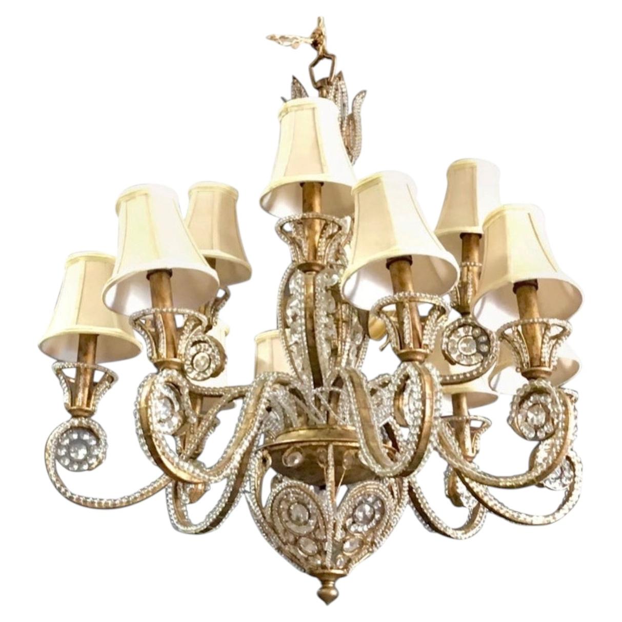 Gilt Iron and Crystal Beaded Chandelier, Belle Époque Style For Sale