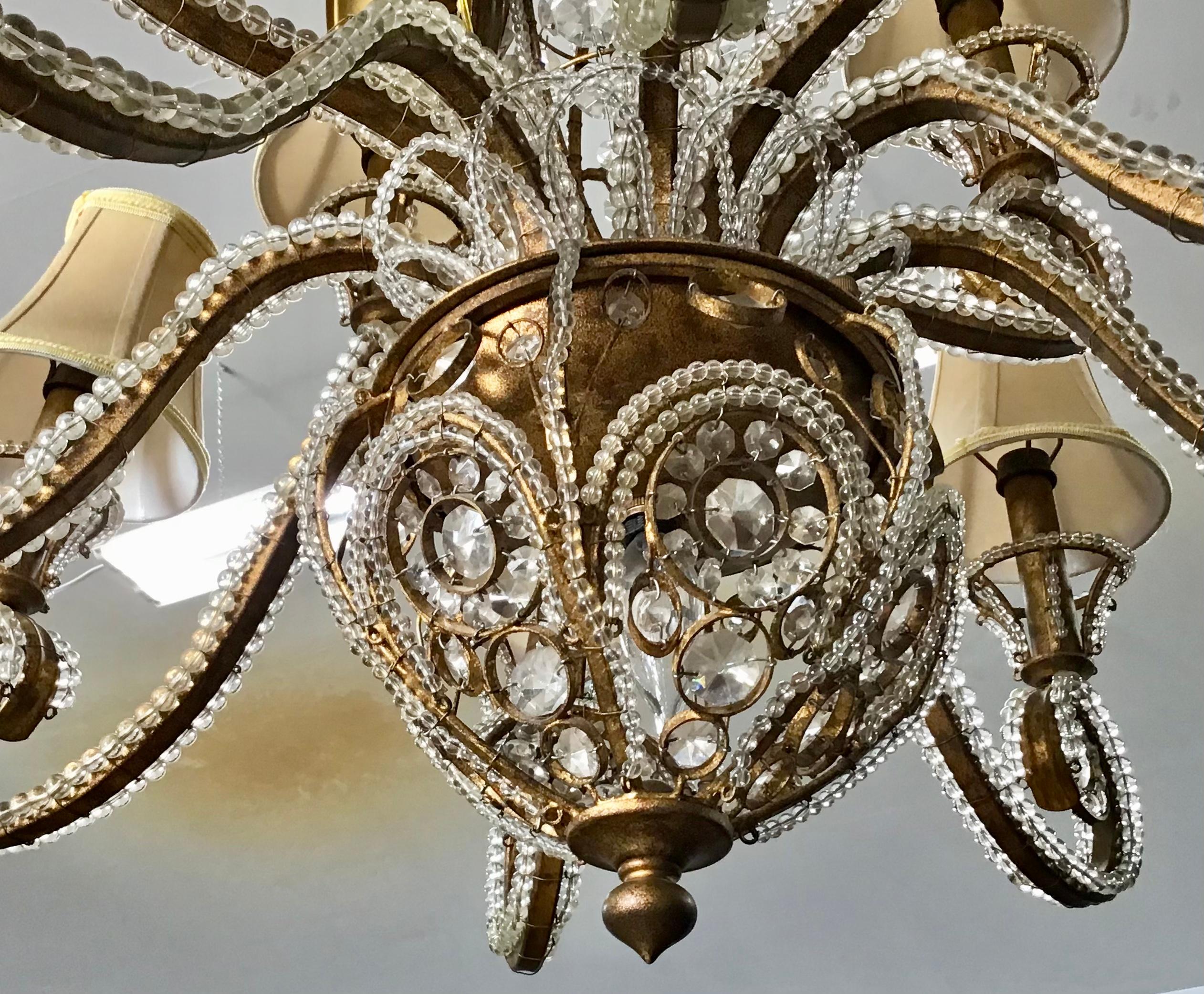 Belle Époque Gilt Iron and Crystal Beaded Chandelier For Sale