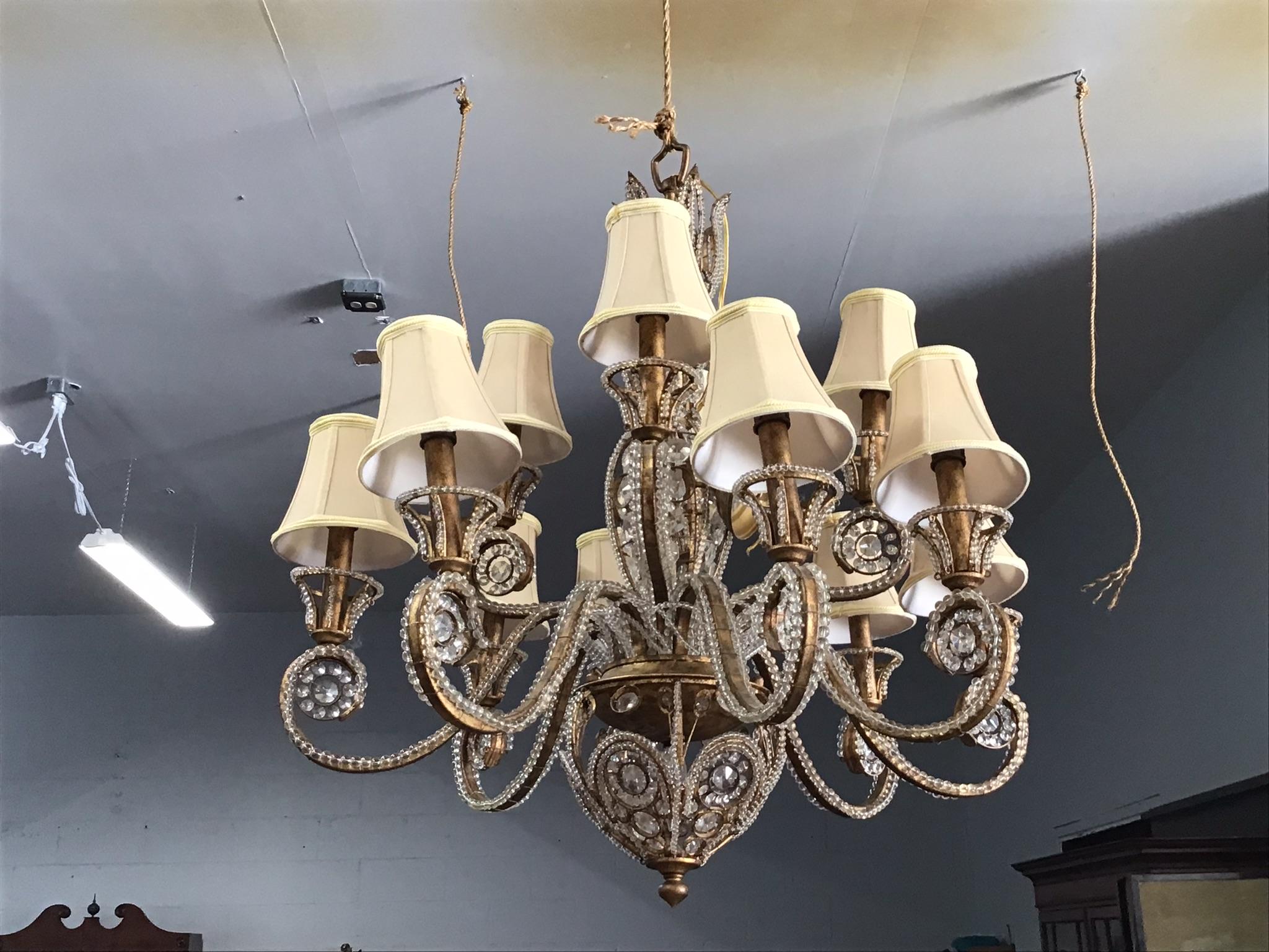 20th Century Gilt Iron and Crystal Beaded Chandelier For Sale