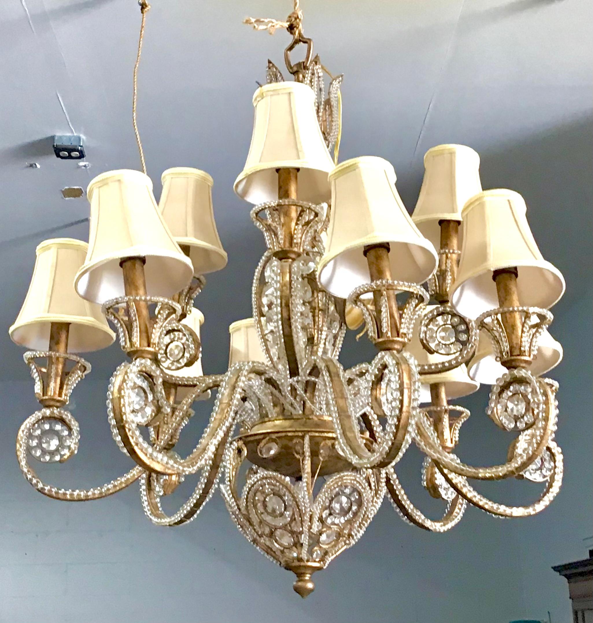 Gilt Iron and Crystal Beaded Chandelier For Sale 1