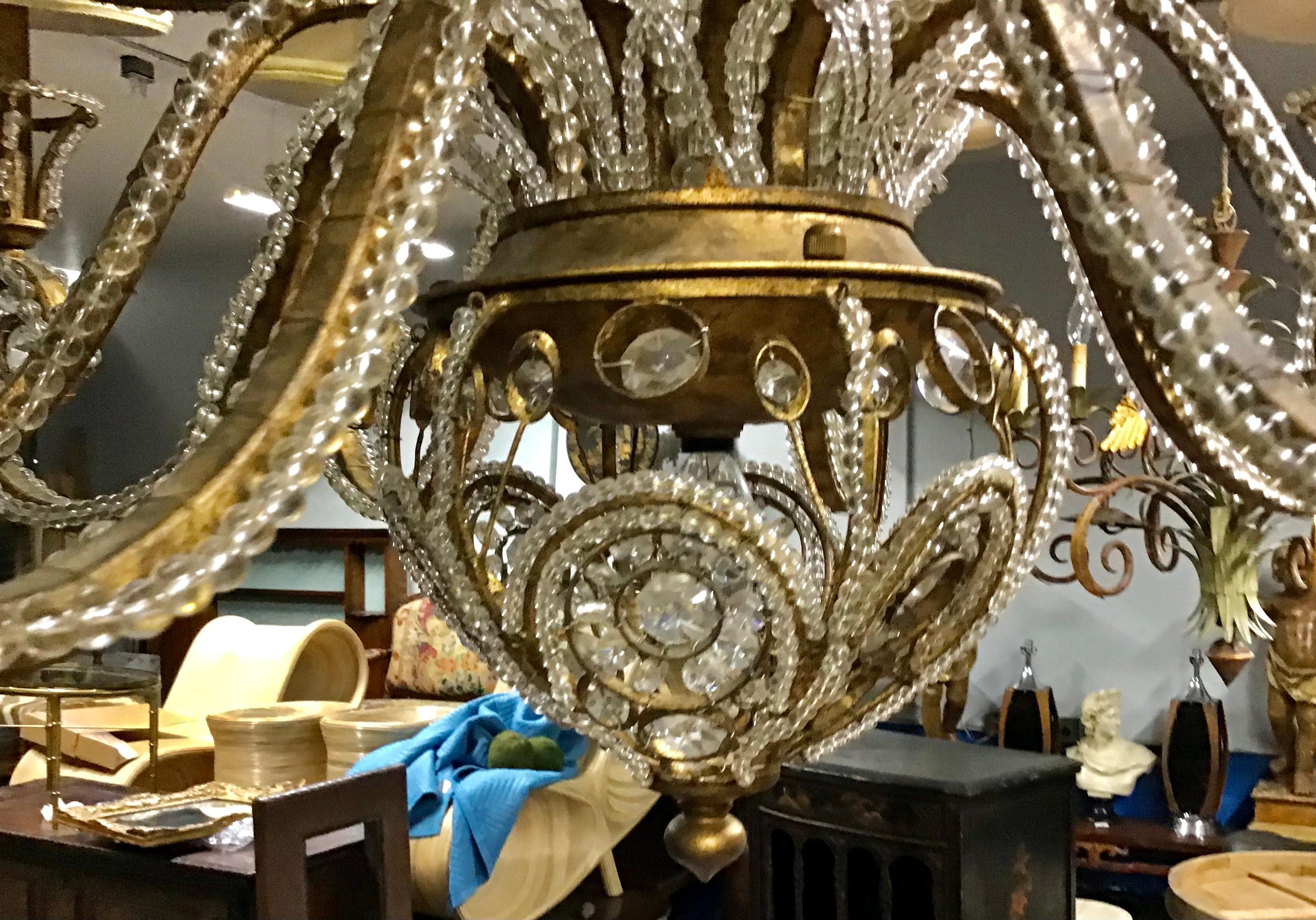 Gilt Iron and Crystal Beaded Chandelier For Sale 2