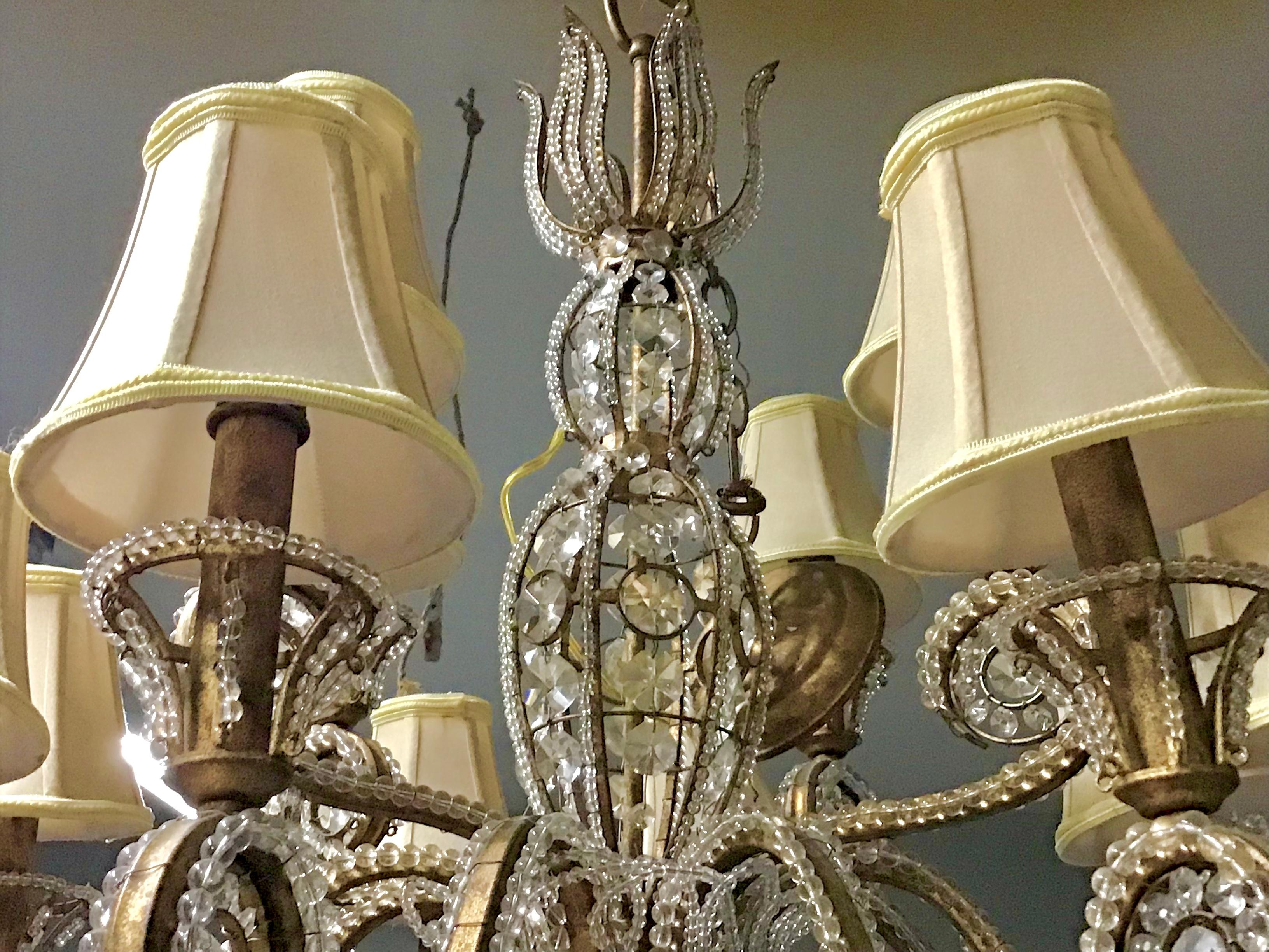 Gilt Iron and Crystal Beaded Chandelier For Sale 3