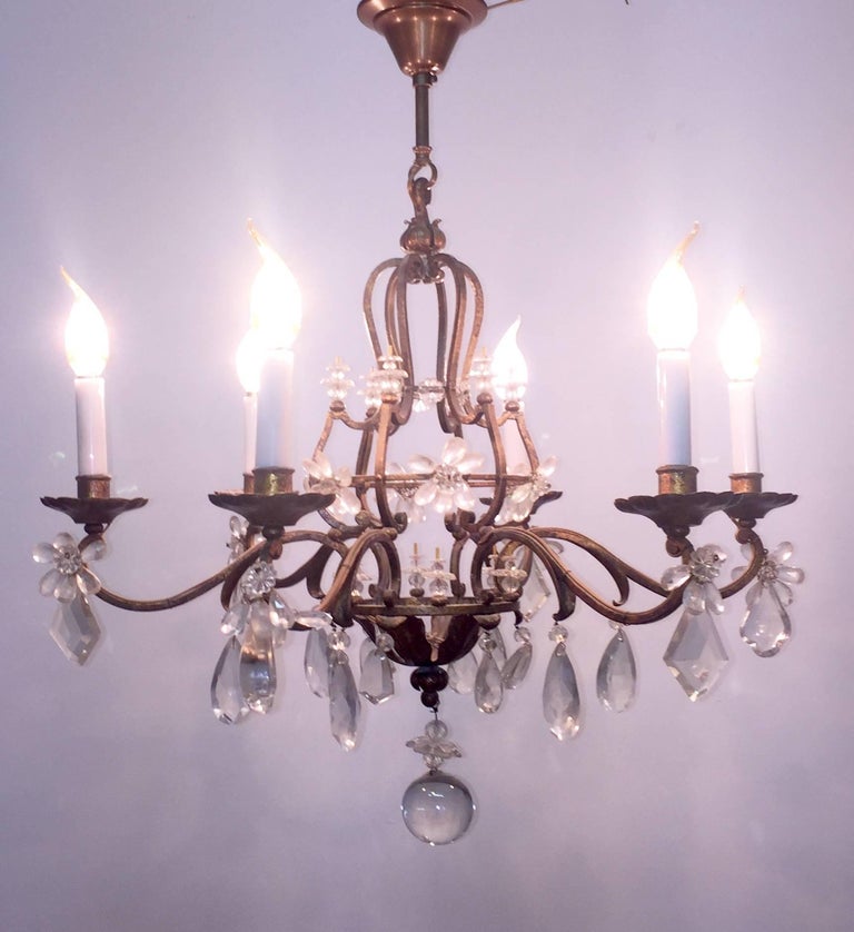 Art Deco Gilt Iron and Crystal Chandelier in the Style of Maison Baguès, France, 1940s