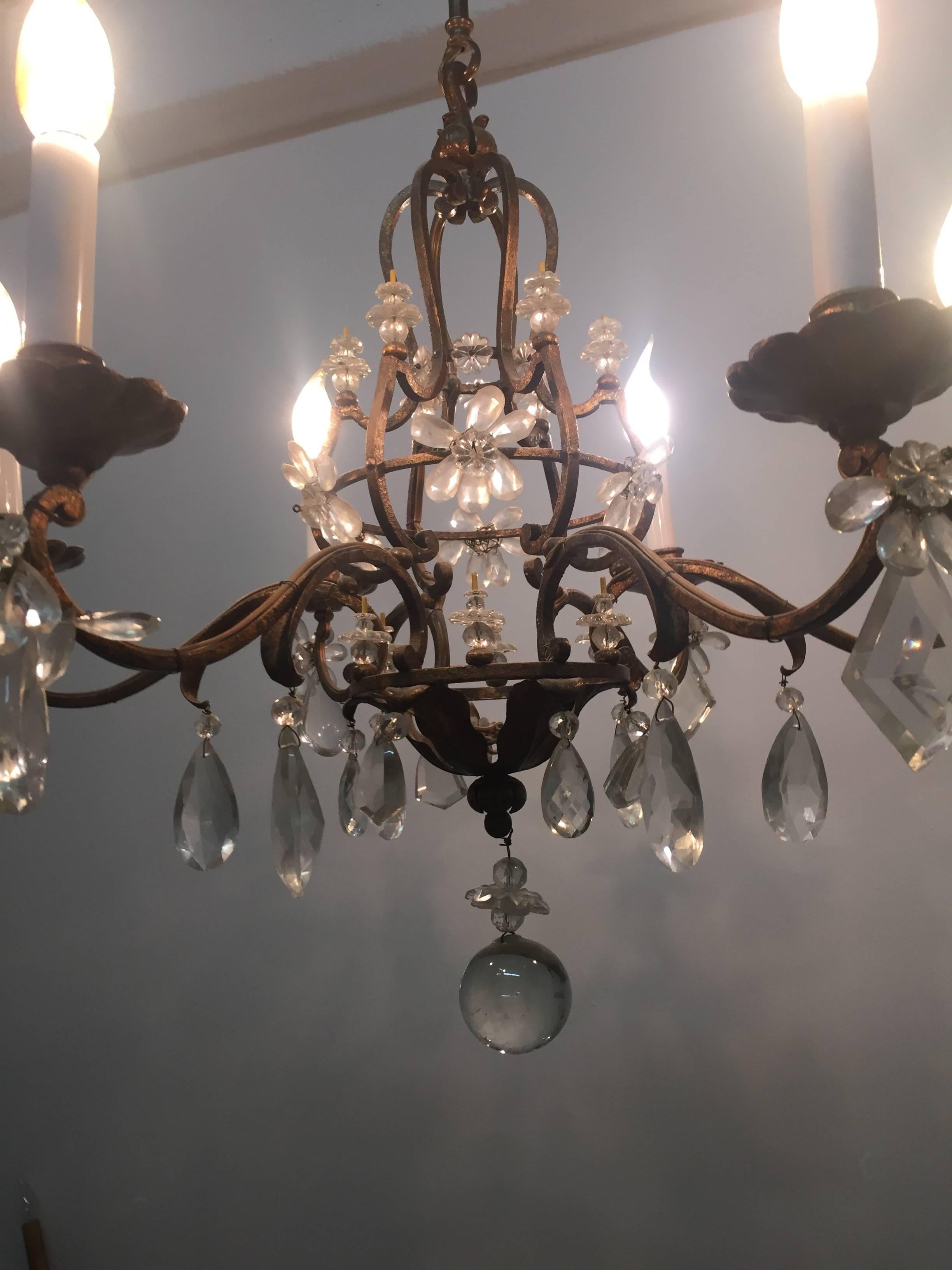 French Gilt Iron and Crystal Chandelier in the Style of Maison Baguès, France, 1940s