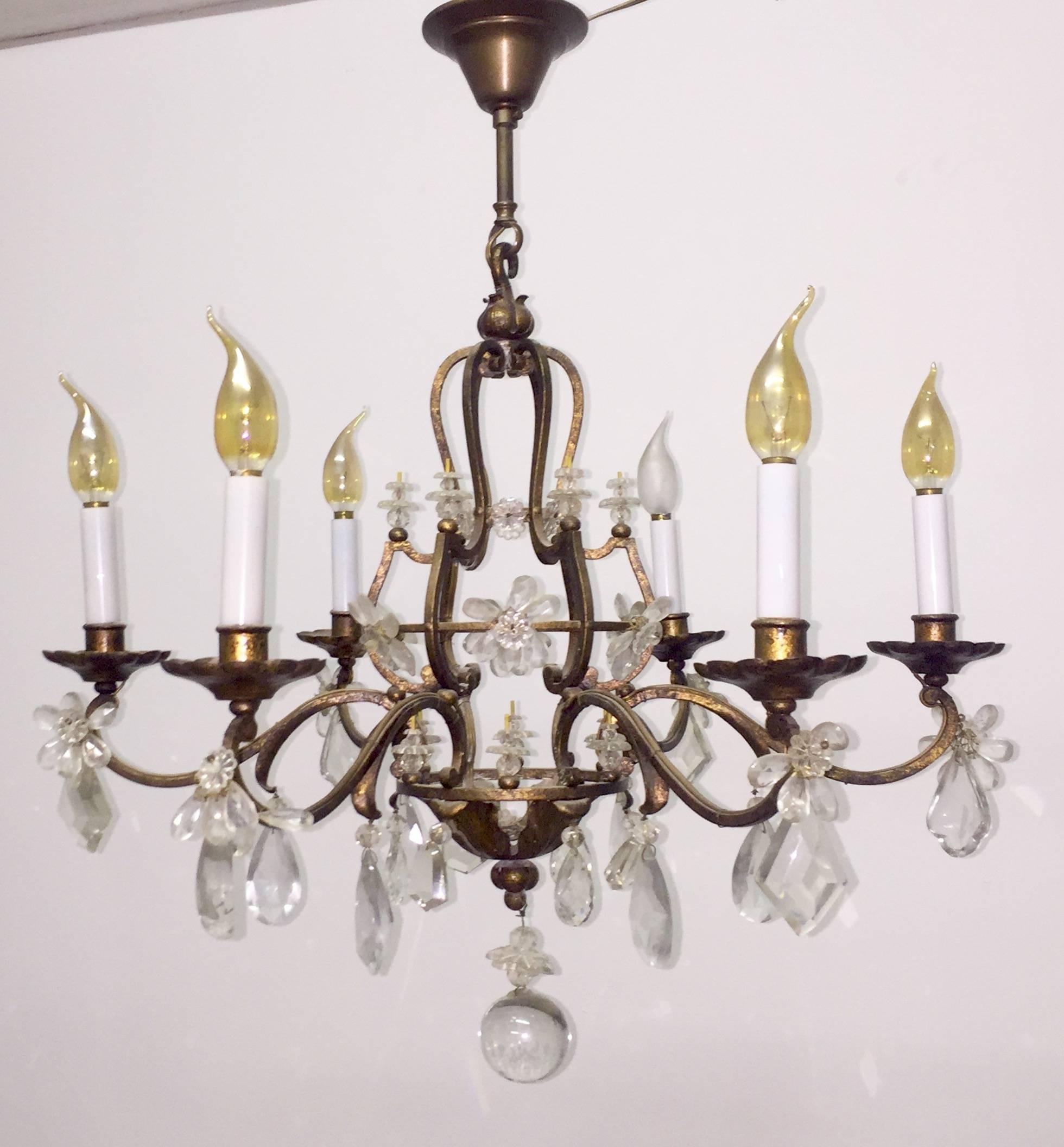 Gilt Iron and Crystal Chandelier in the Style of Maison Baguès, France, 1940s 2