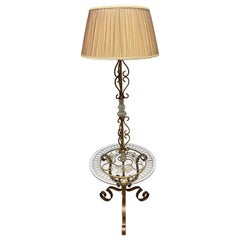 Gilt Iron and Glass Floor Lamp with Table
