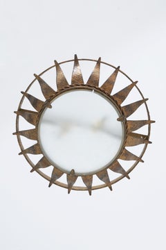 Gilt Iron and Glass Flush Ceiling Light