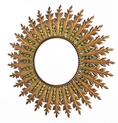 Spanish Sunburst Mirror in Gilt Metal with Green Accents, 1950s
