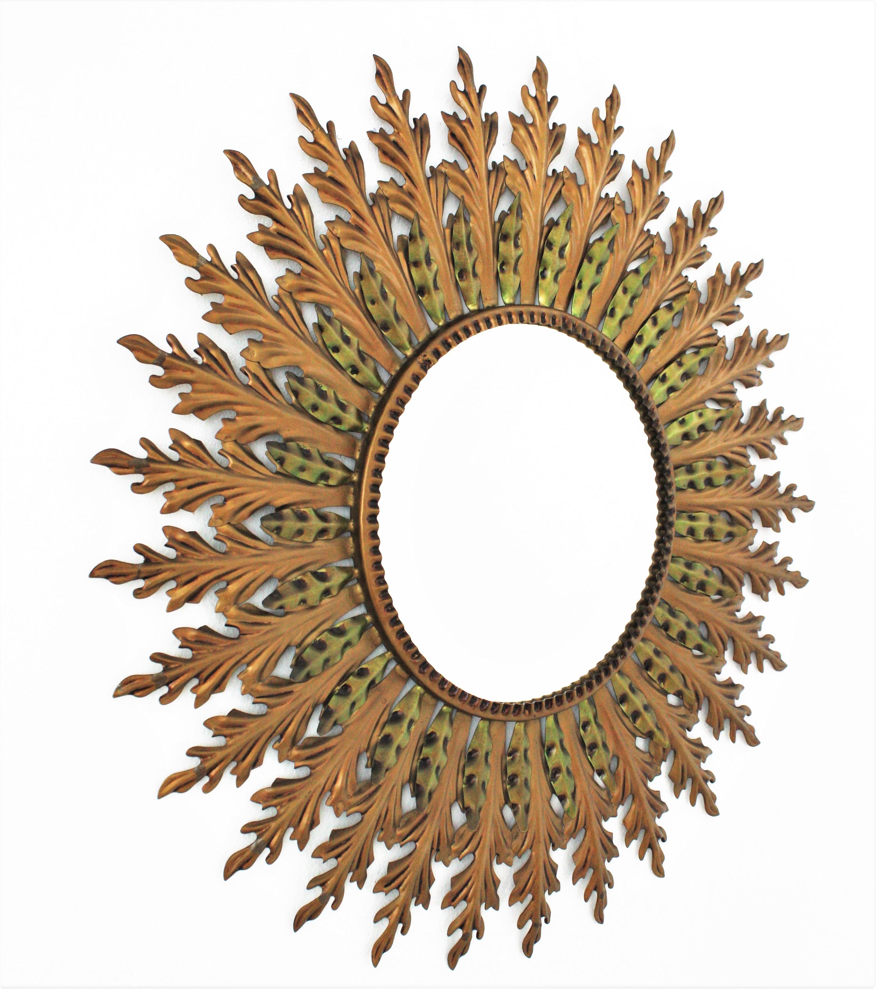 Mid-Century Modern Sunburst Mirror in Gilt Metal with Green Accents,  1960s For Sale