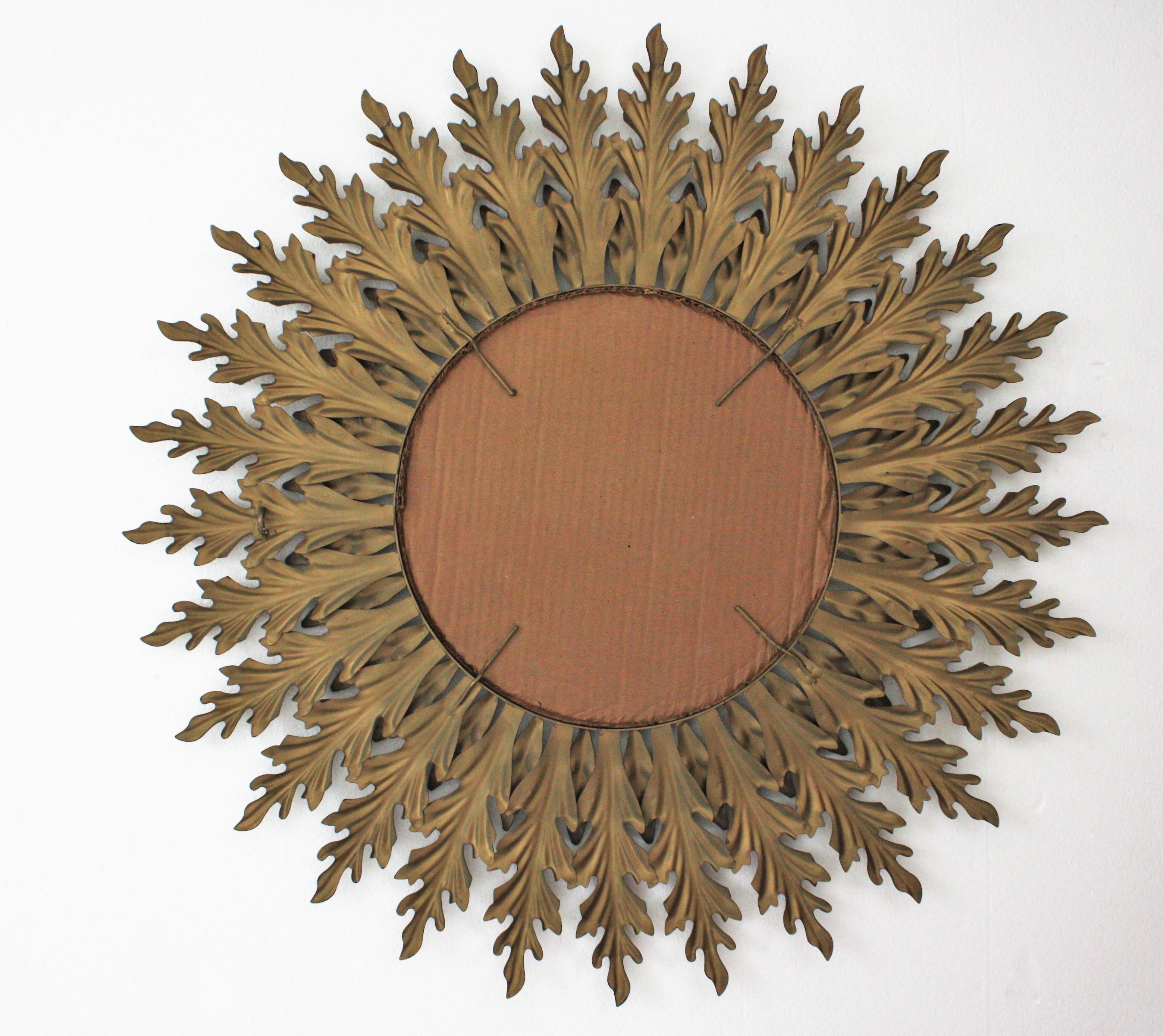 Iron Sunburst Mirror in Gilt Metal with Green Accents,  1960s For Sale