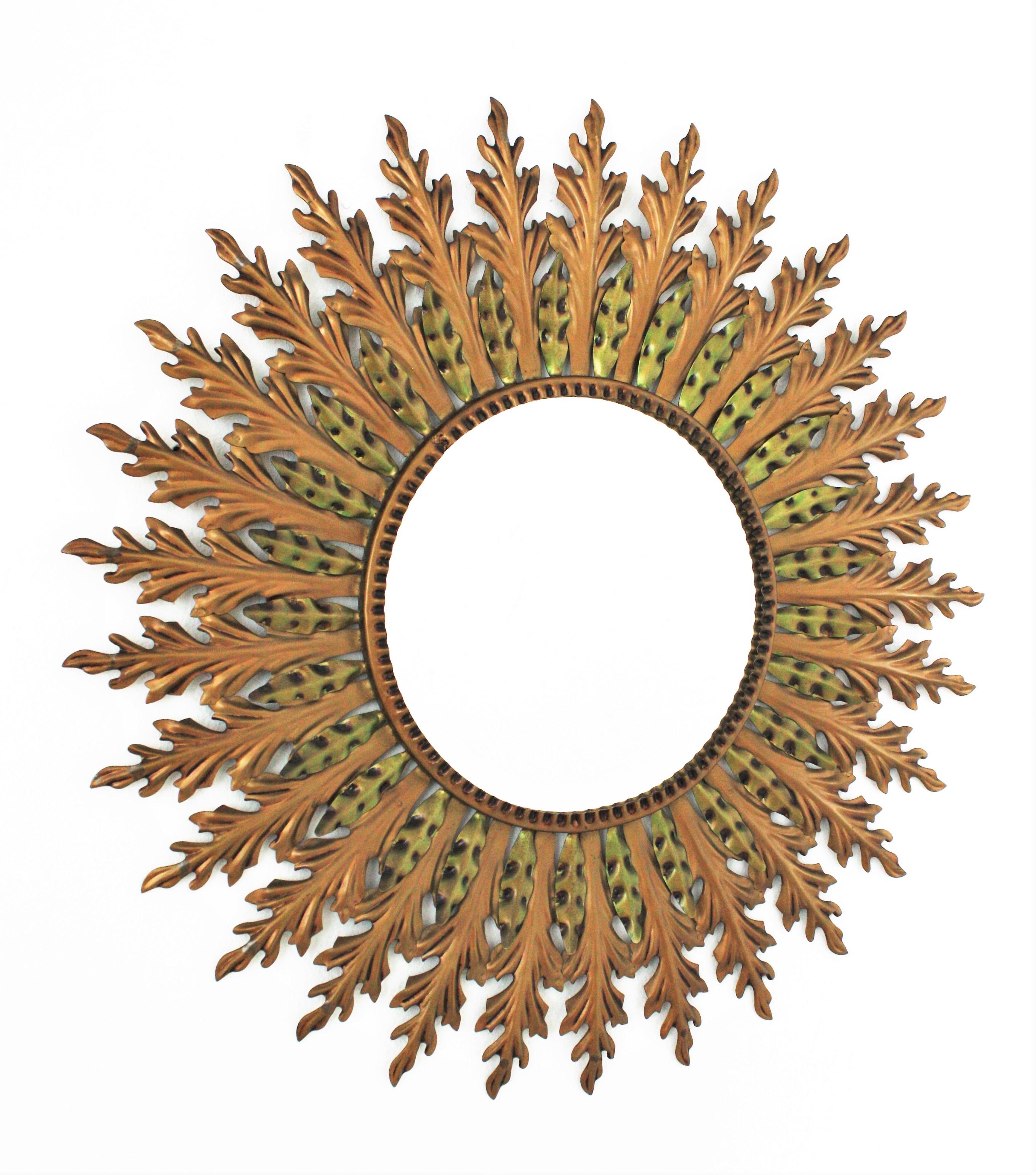 Sunburst Mirror in Gilt Metal with Green Accents,  1960s For Sale 1