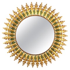 Gilt Iron and Green Sunburst Mirror in the Hollywood Regency Style, Spain, 1960s
