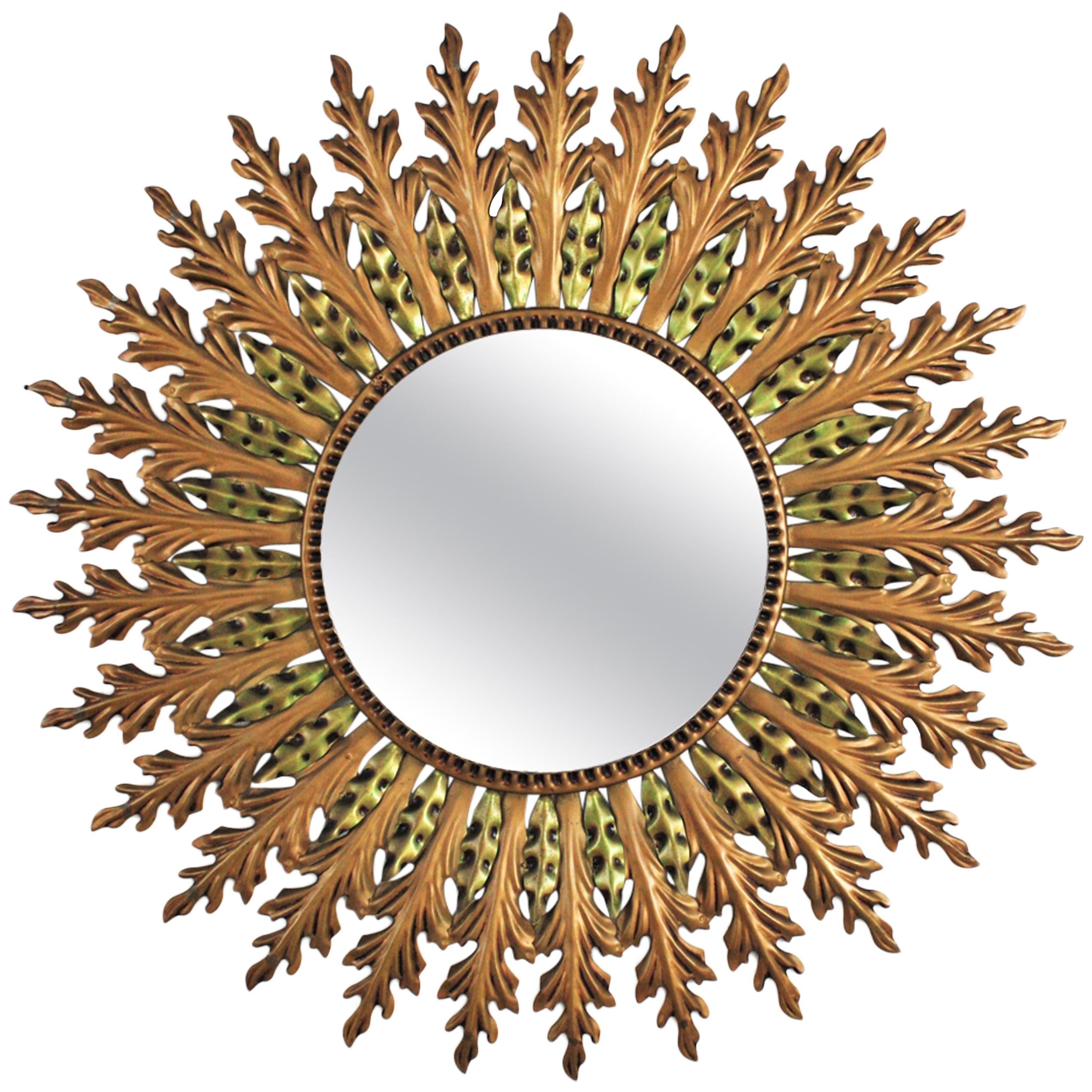 Sunburst Mirror in Gilt Metal with Green Accents,  1960s For Sale