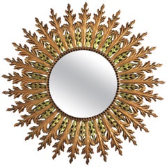 Sunburst Mirror in Gilt Metal with Green Accents,  1960s