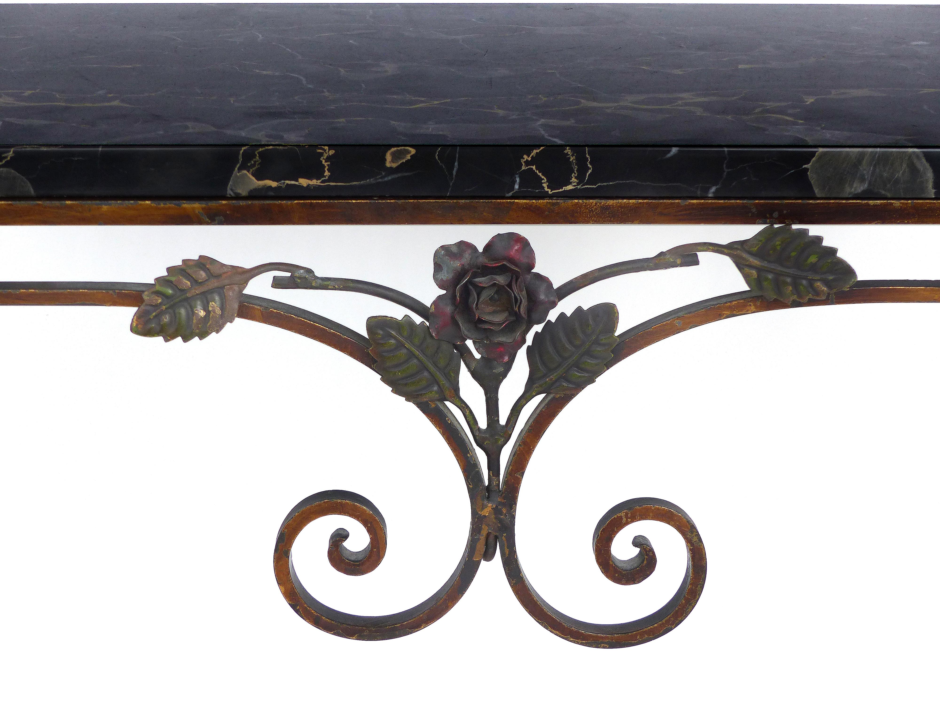 Italian Art Deco Gilt Iron, Polychromed Marble Top Console with Matching Mirror 6