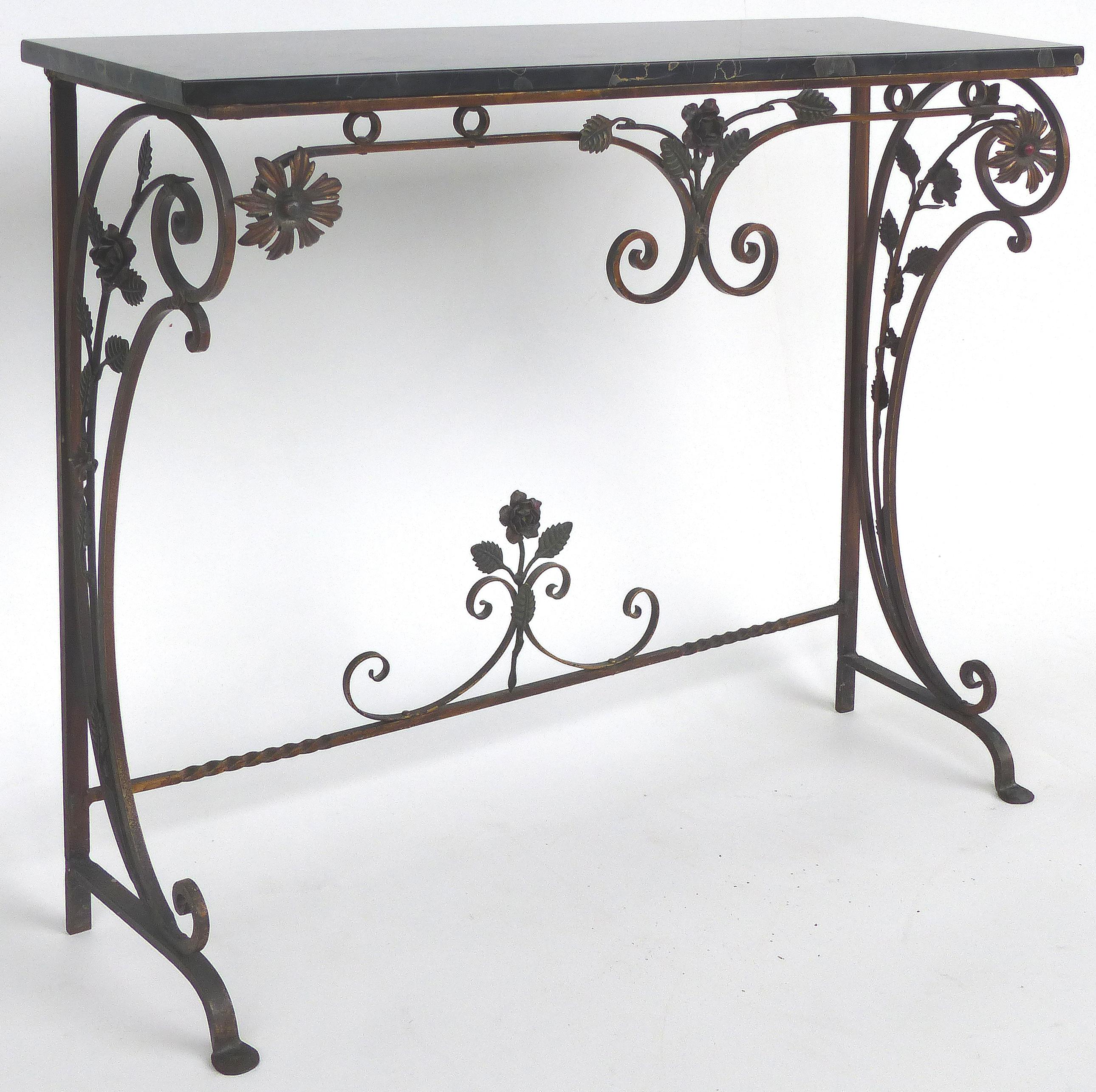 Italian Art Deco Gilt Iron, Polychromed Marble Top Console with Matching Mirror

Offered for sale is a gilt iron polychromed marble top console with matching mirror. The painted iron has a lovely aged patina. Measurements: console is 36