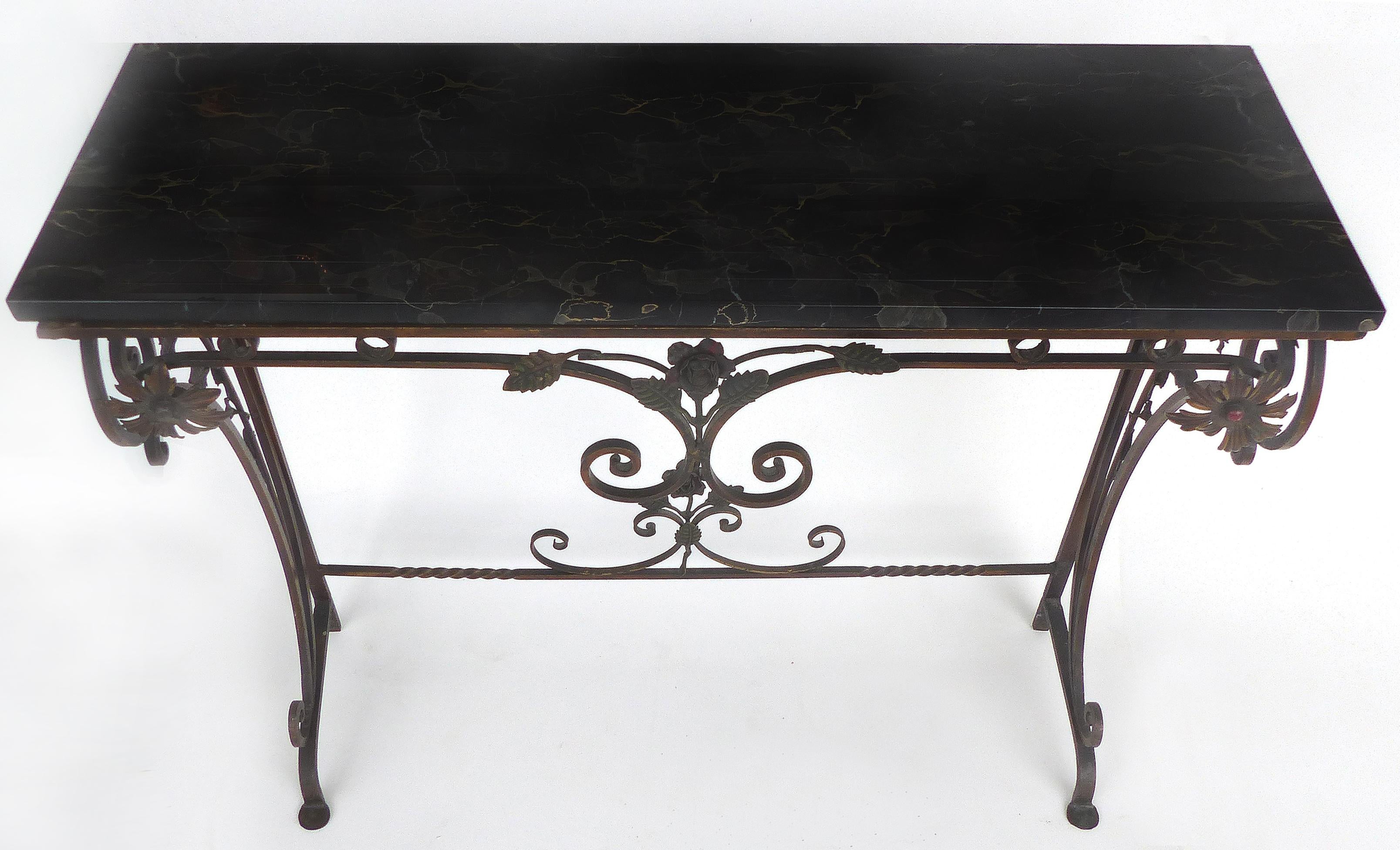 20th Century Italian Art Deco Gilt Iron, Polychromed Marble Top Console with Matching Mirror
