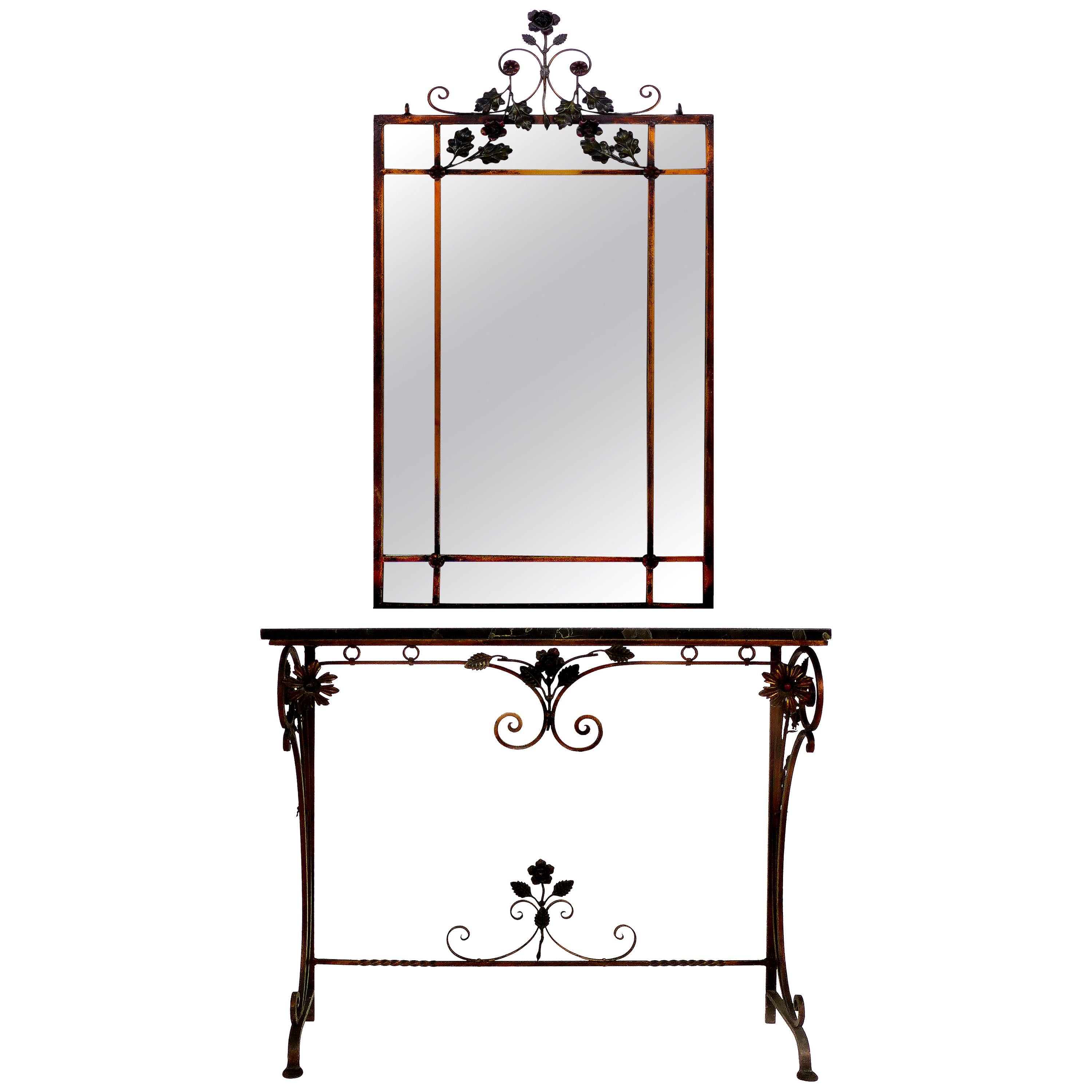 Italian Art Deco Gilt Iron, Polychromed Marble Top Console with Matching Mirror