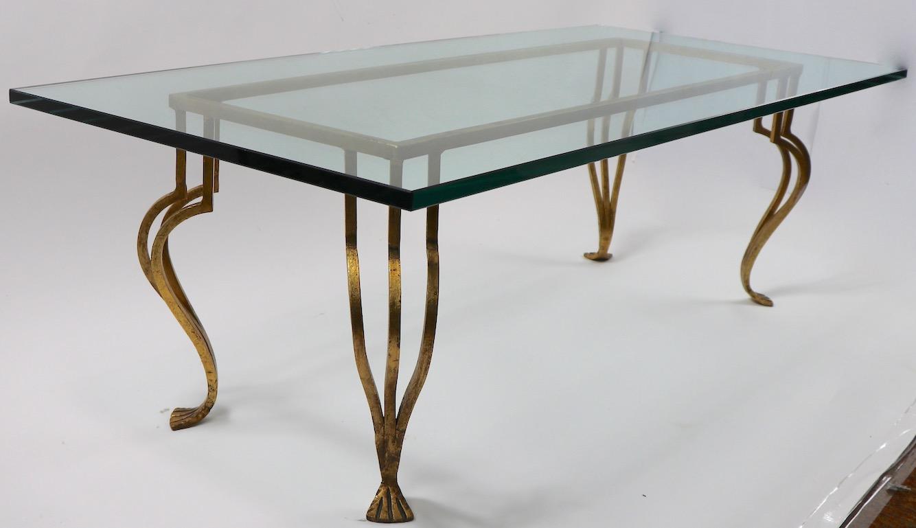 Hollywood Regency Gilt Iron Base Coffee Table with Plate Glass Top