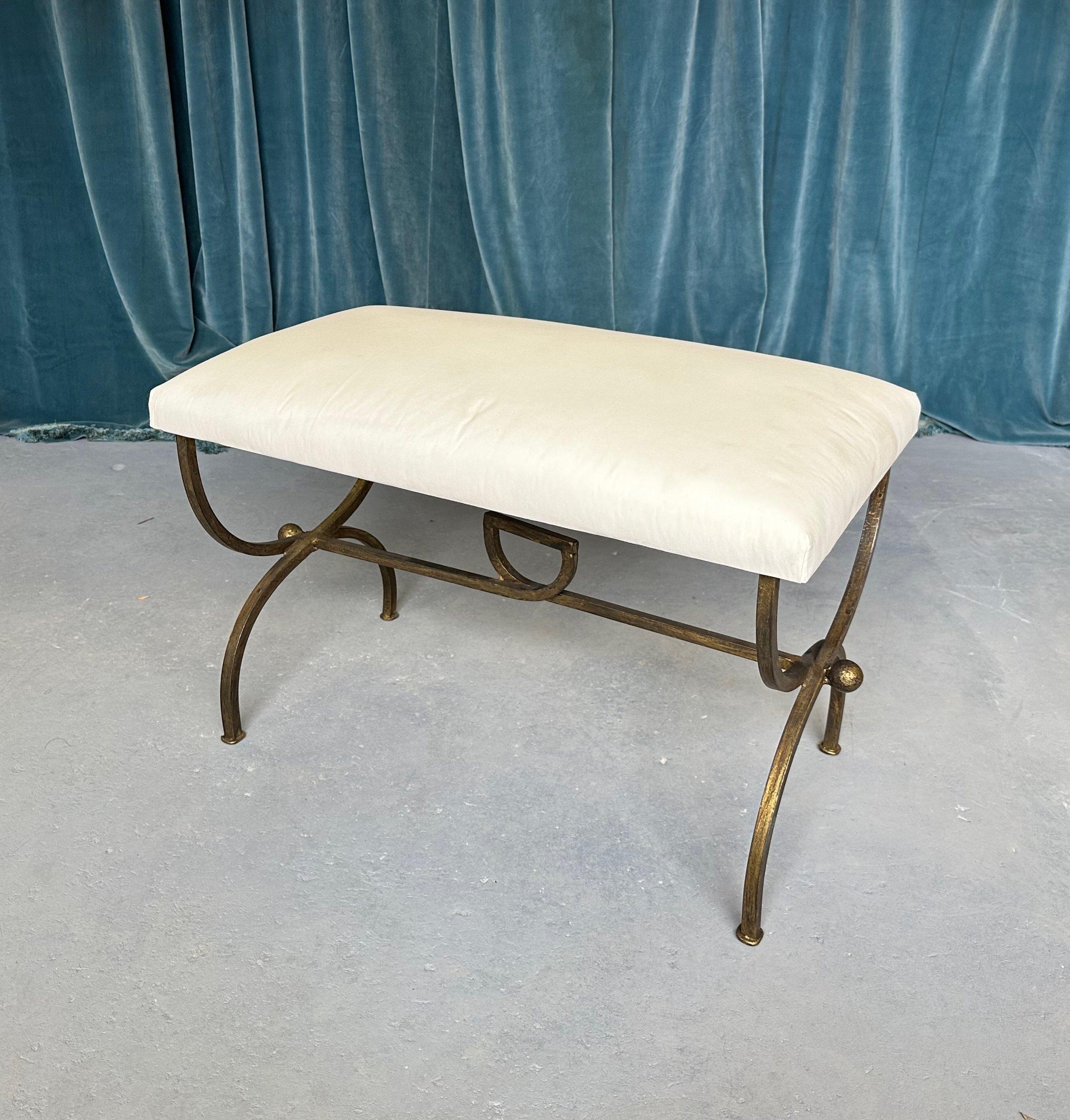 Mid-Century Modern Gilt Iron Bench in Muslin For Sale
