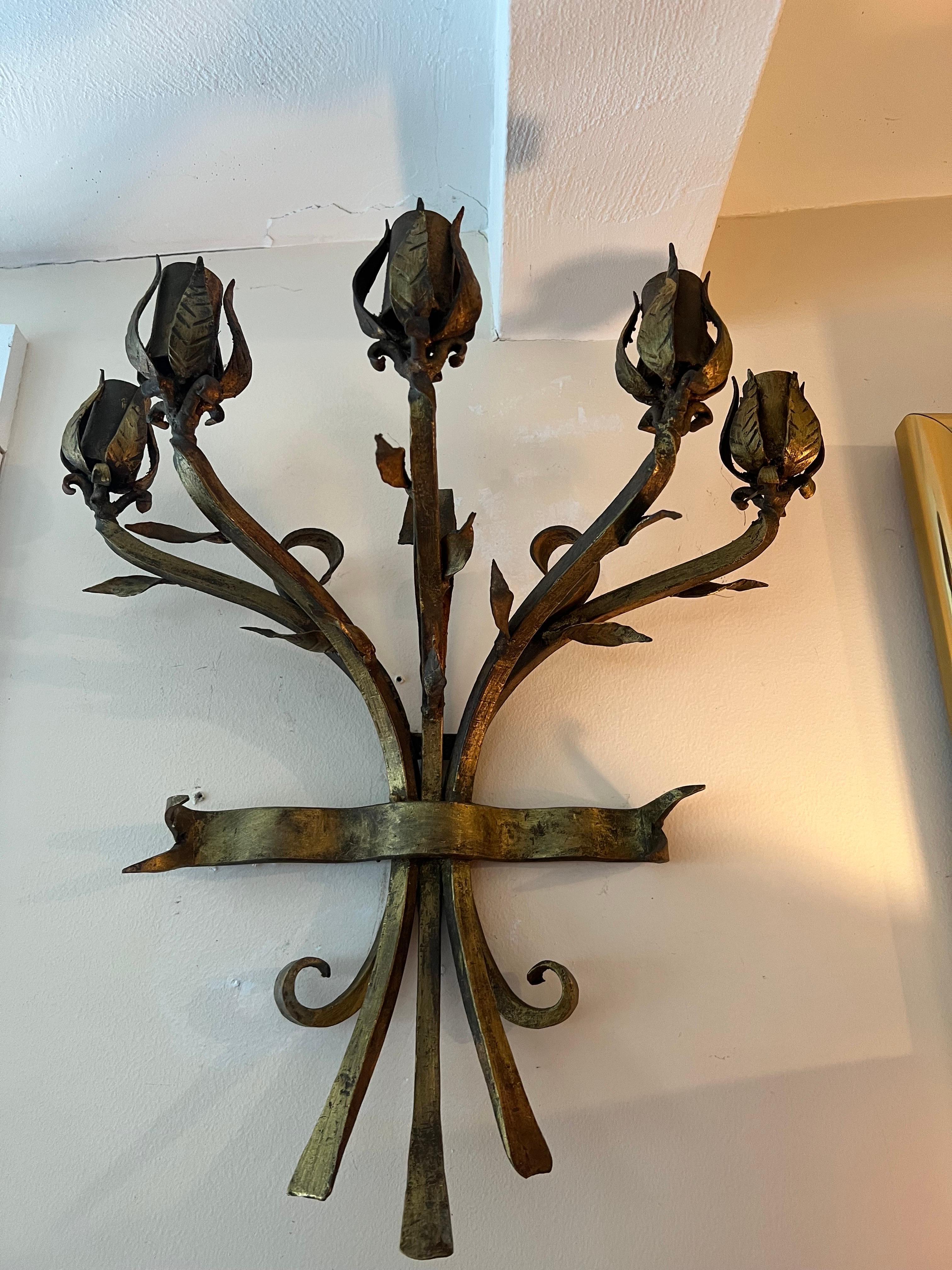 Gilt Iron Bronze Floral Wall Candleholder  For Sale 6