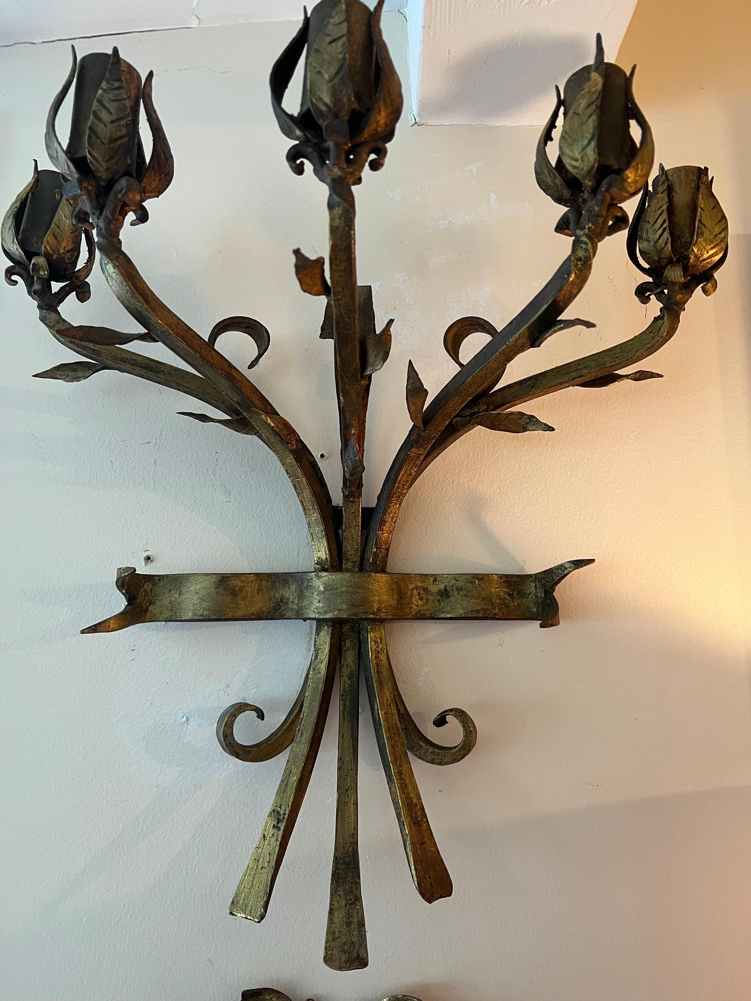 Gilt Iron Bronze Floral Wall Candleholder  For Sale 8