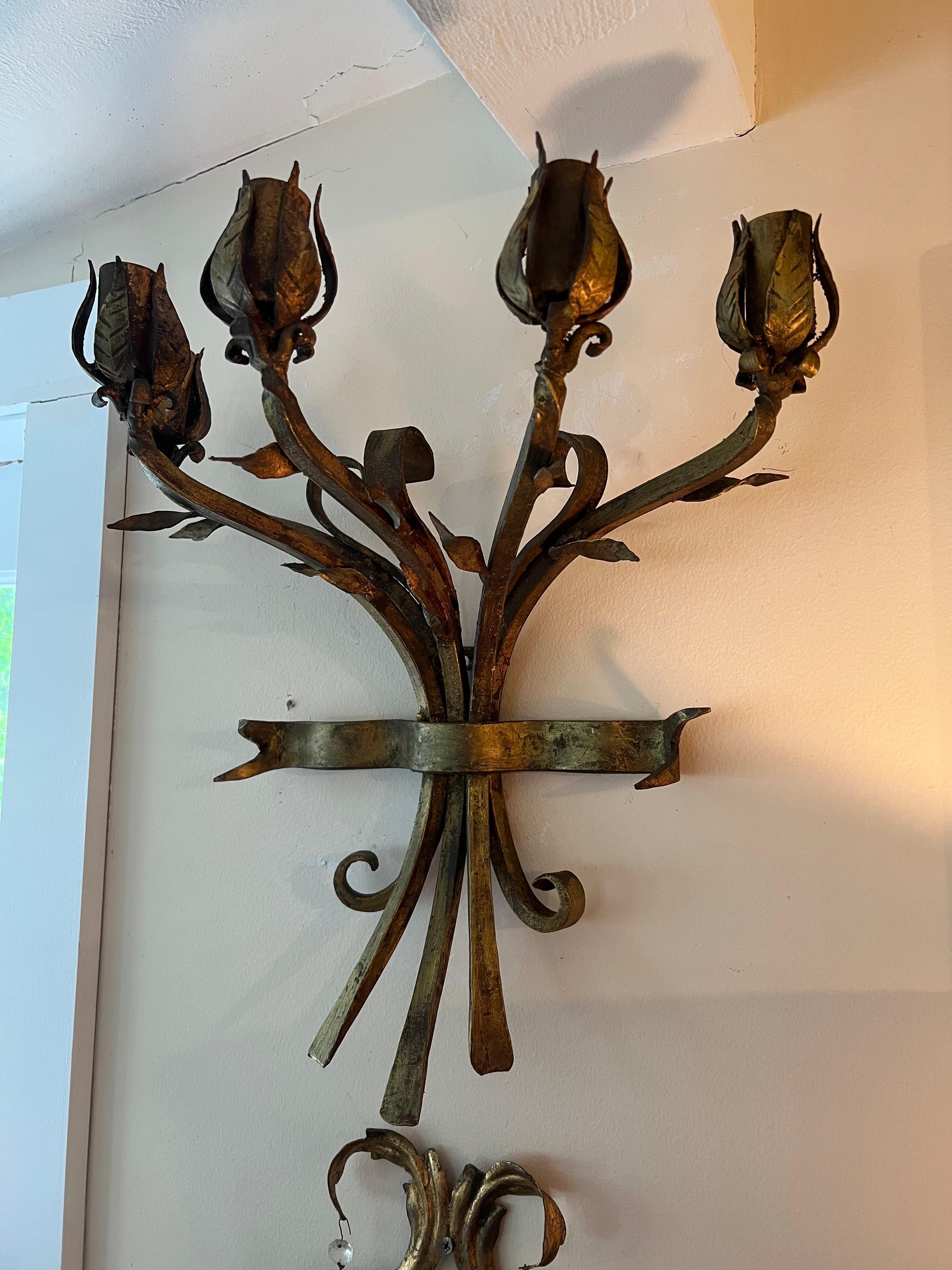 Gilt Iron Bronze Floral Wall Candleholder  In Good Condition For Sale In Redding, CT