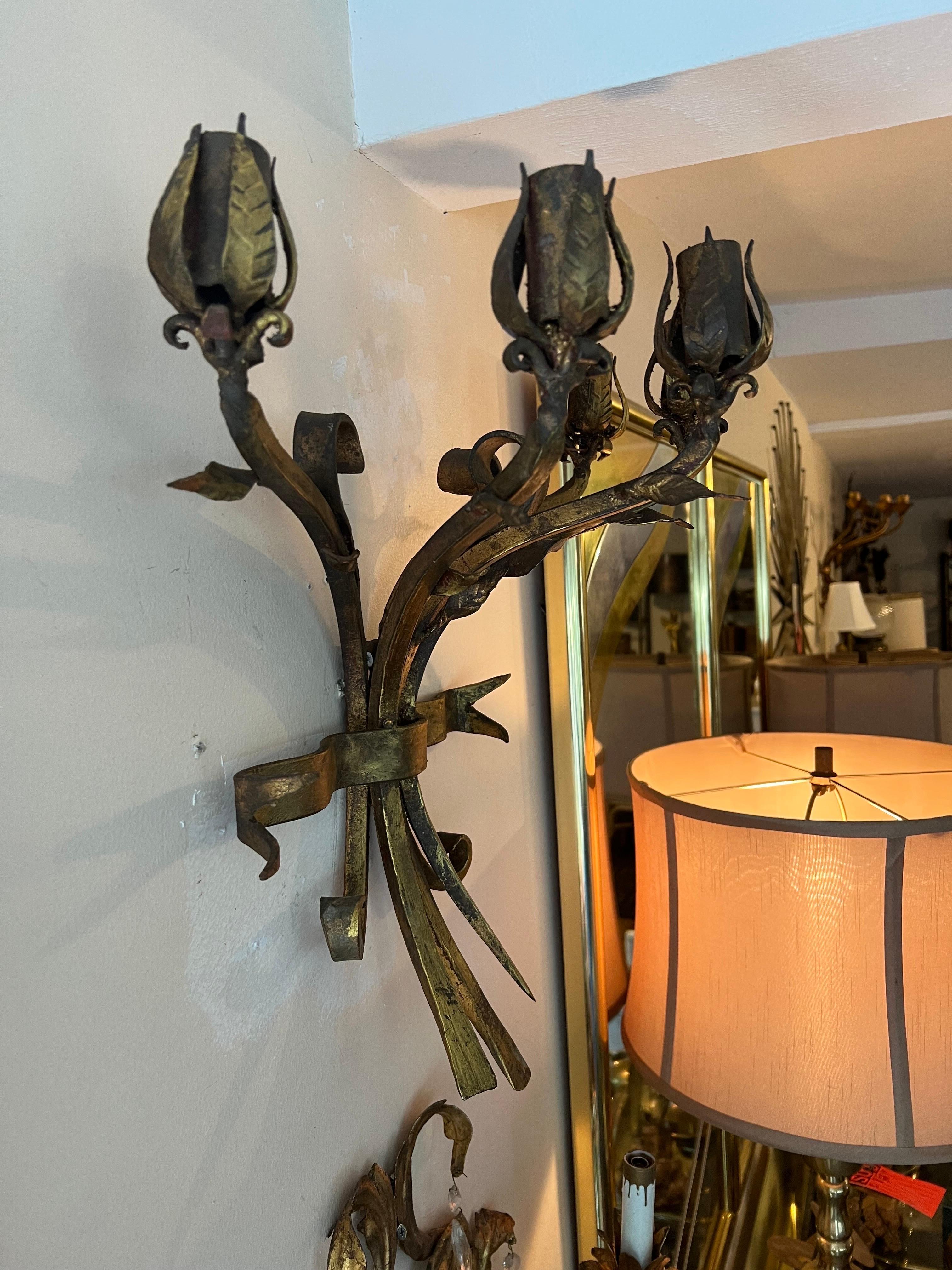 Gilt Iron Bronze Floral Wall Candleholder  For Sale 2