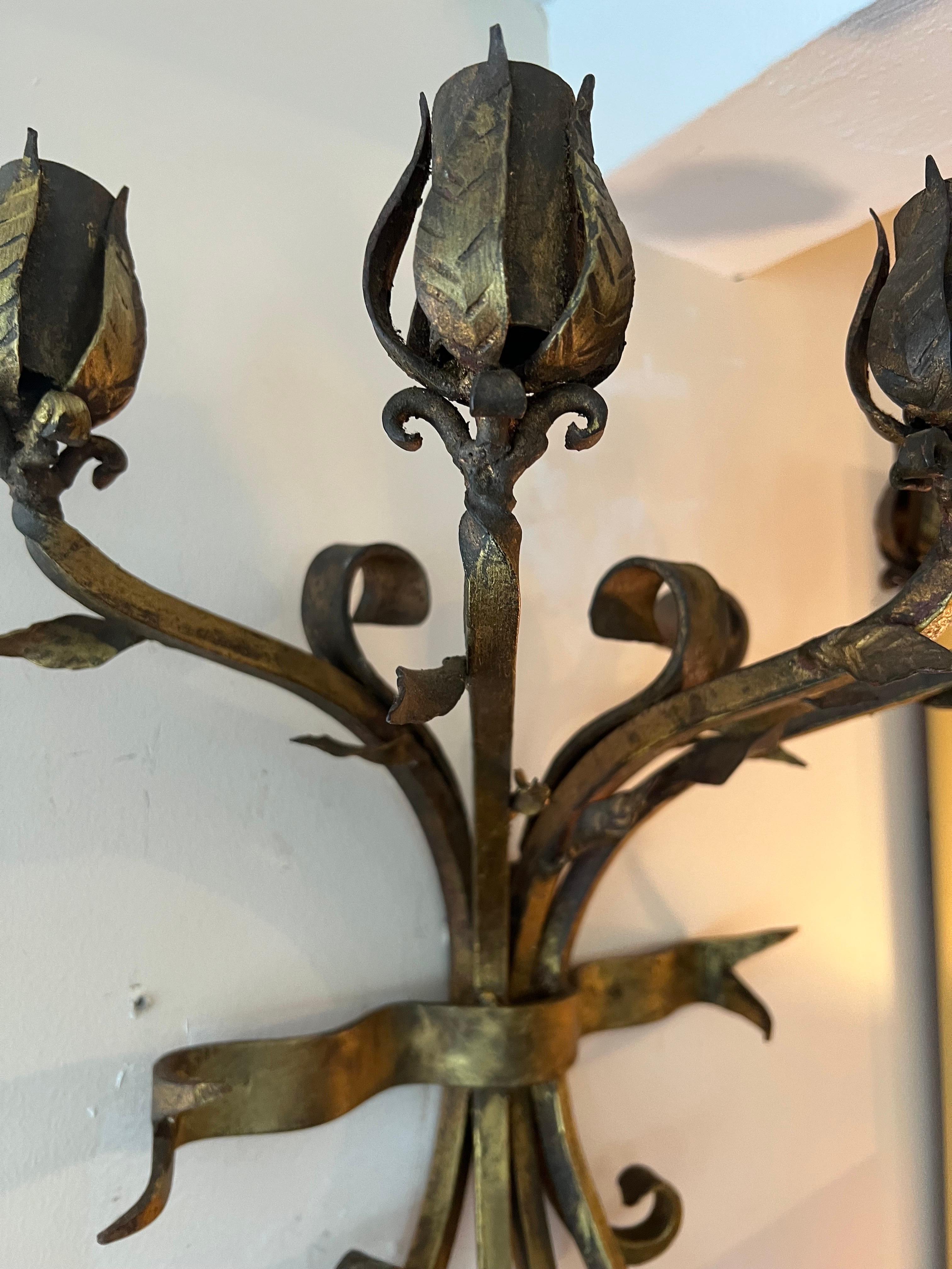 Gilt Iron Bronze Floral Wall Candleholder  For Sale 3