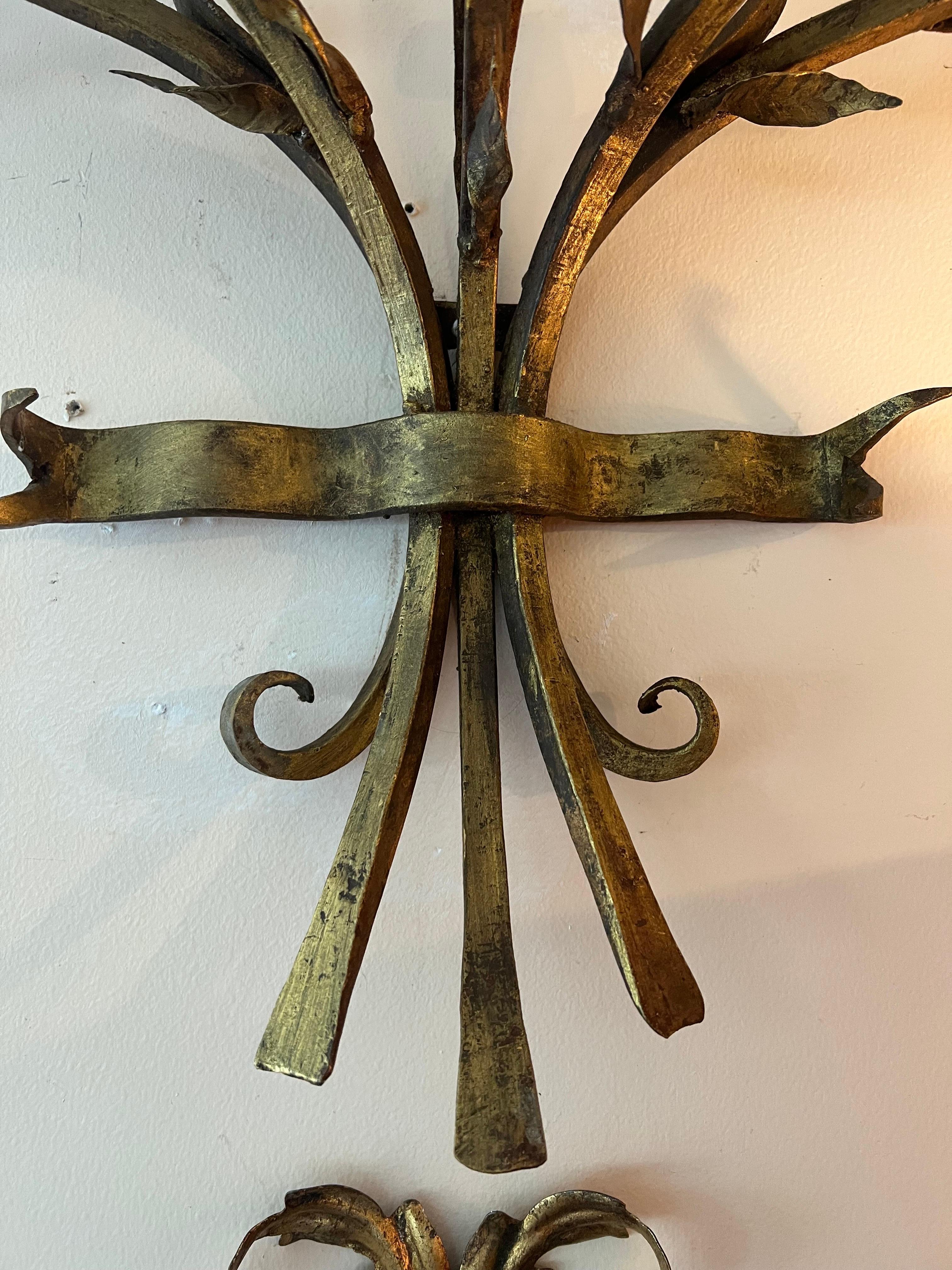 Gilt Iron Bronze Floral Wall Candleholder  For Sale 4