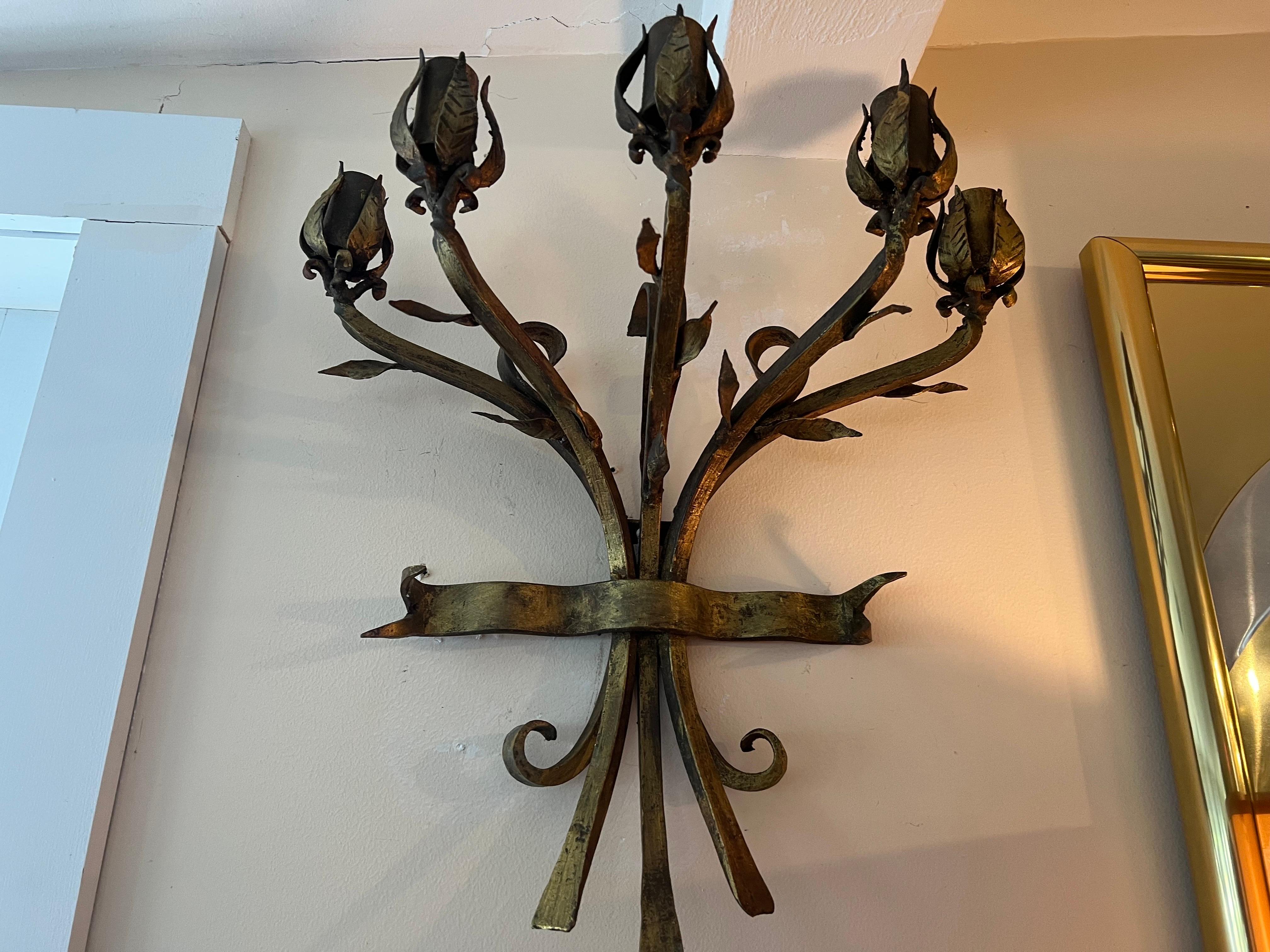 Gilt Iron Bronze Floral Wall Candleholder  For Sale 5