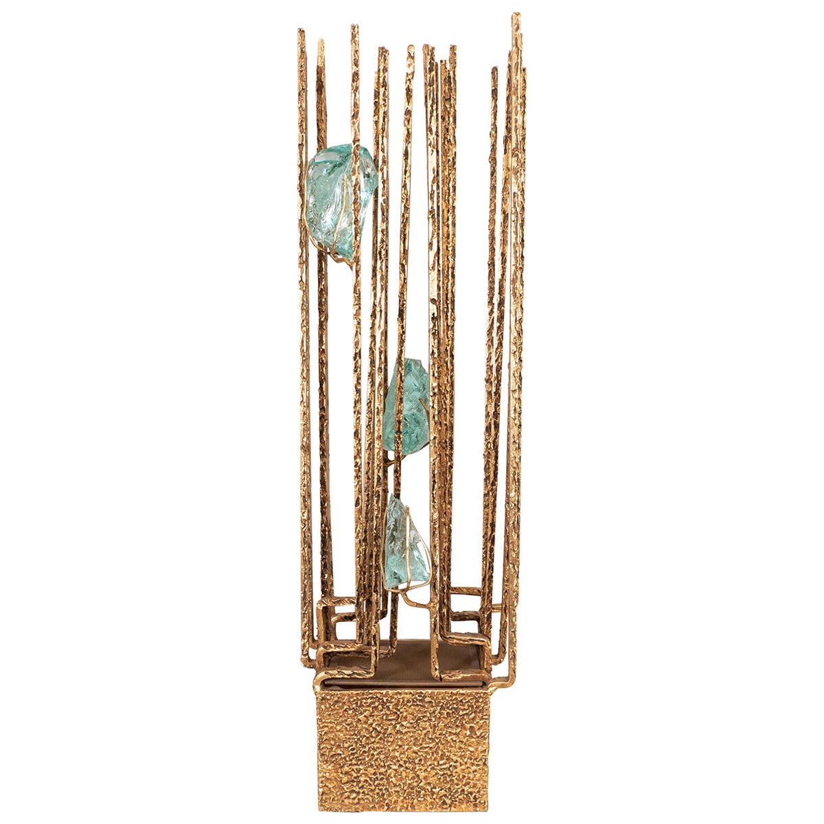 Gilt Iron Brutalist Lamp with Aquamarine Glass Details