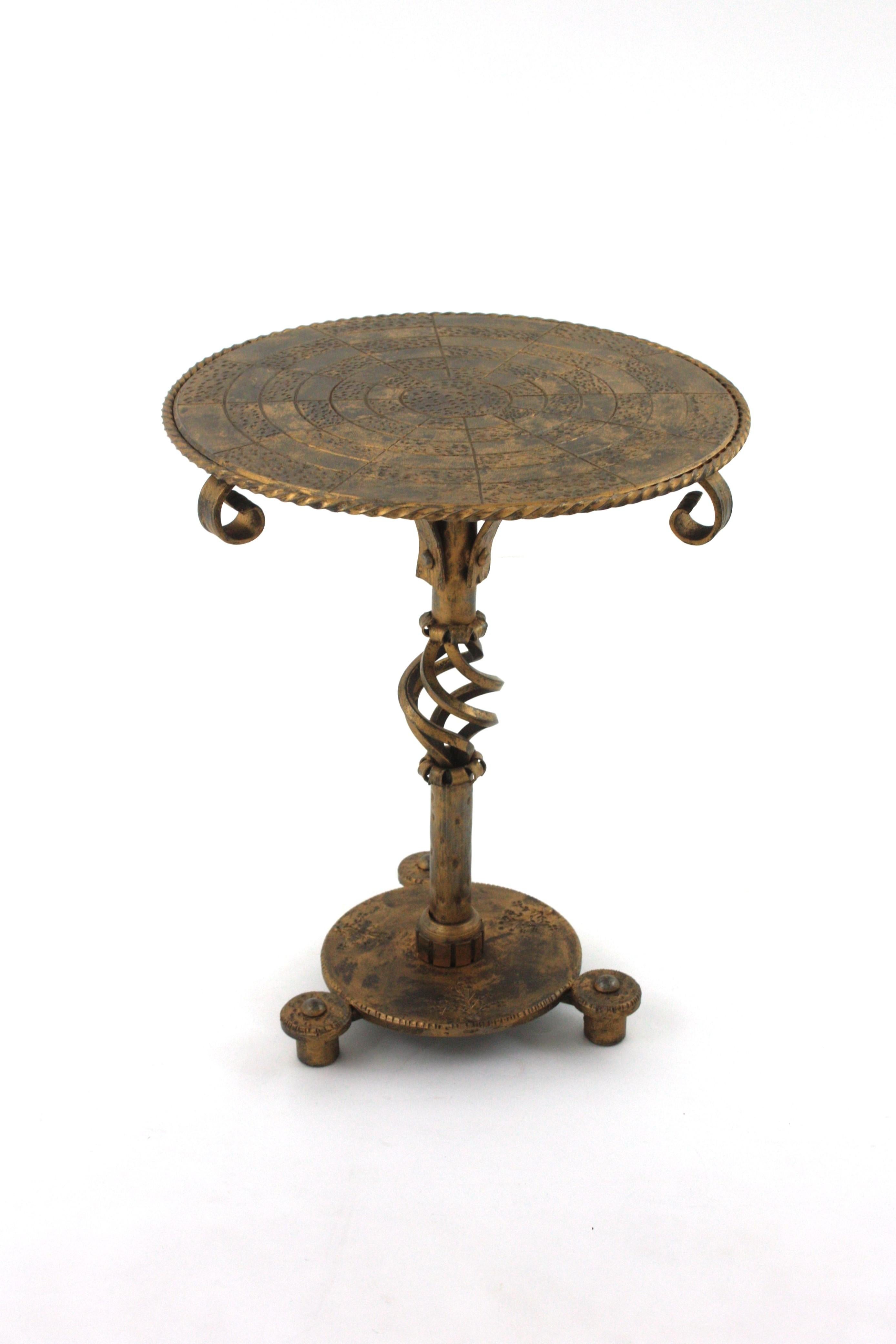 Forged Gilt Iron Brutalist Side Table Gueridon / Drinks Table For Sale